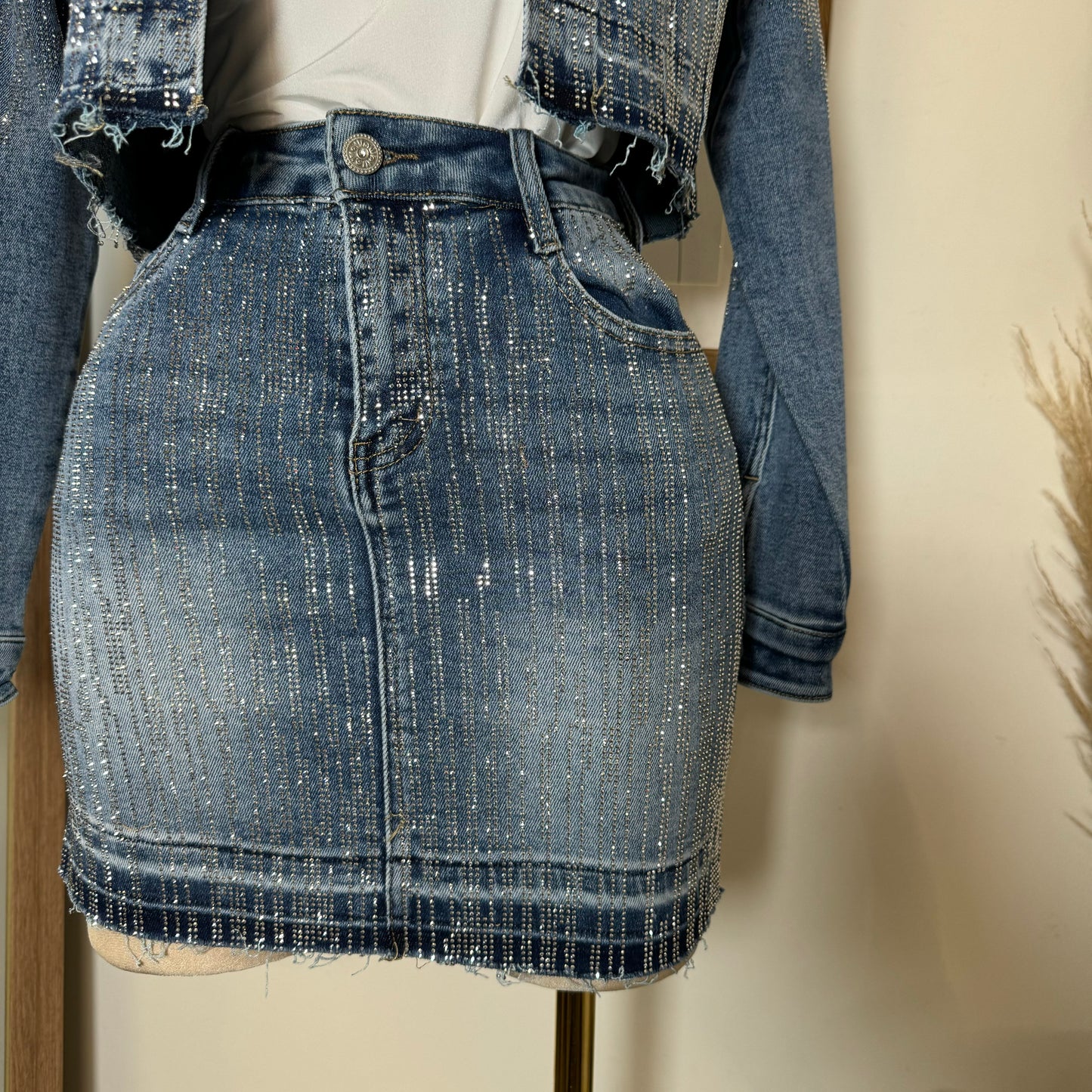 Crush Rhinestone Denim Skirt-Blue