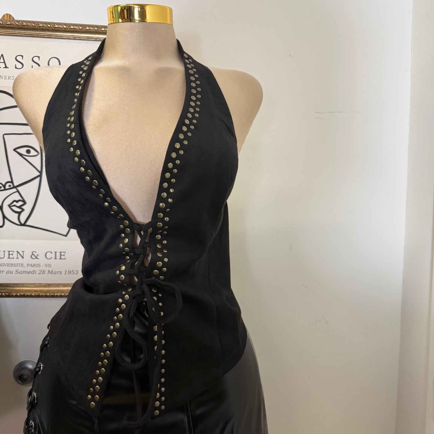 Suede Stud Detail Lace up Halter Top-Black