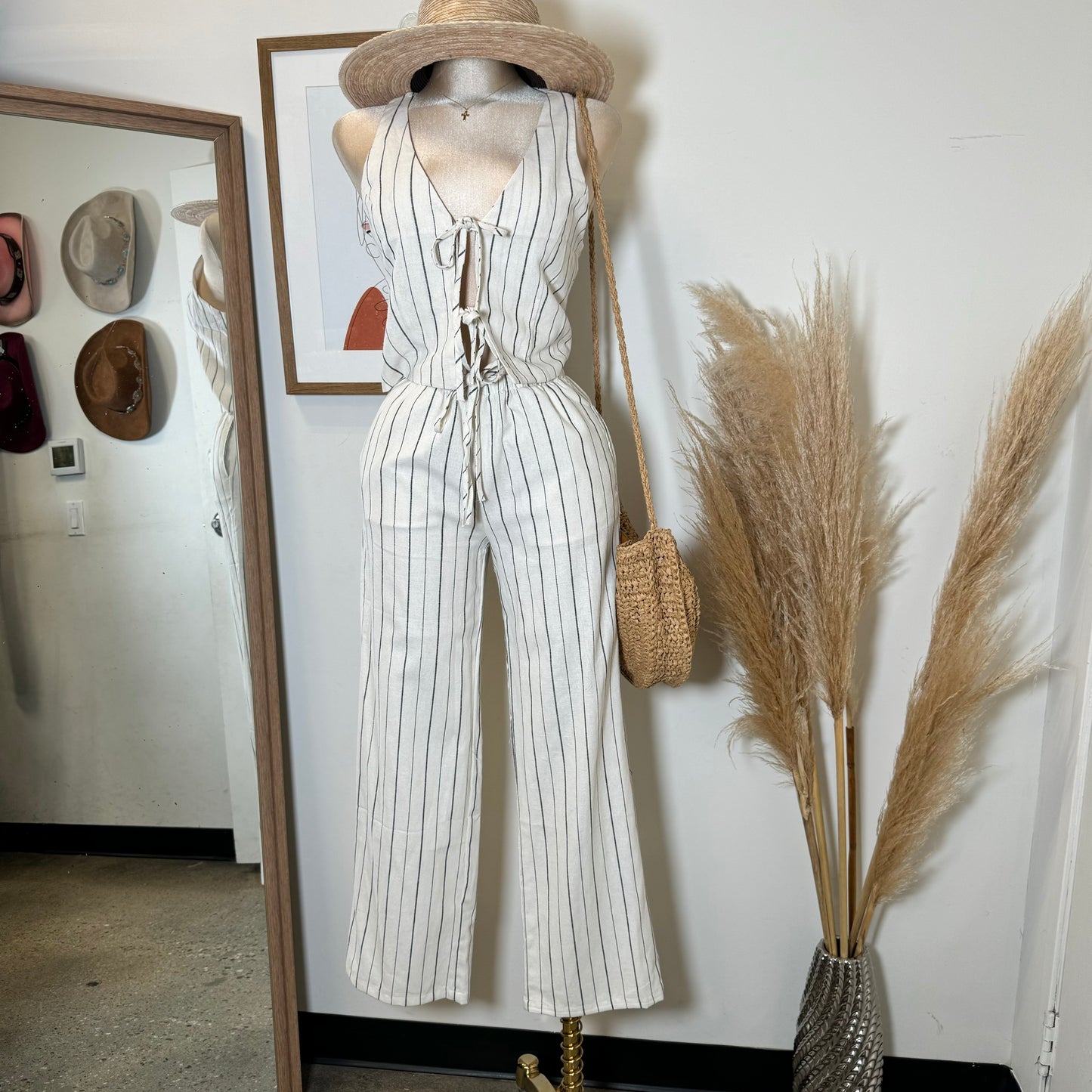 Knot Linen Pant Set-White and Black Stripes