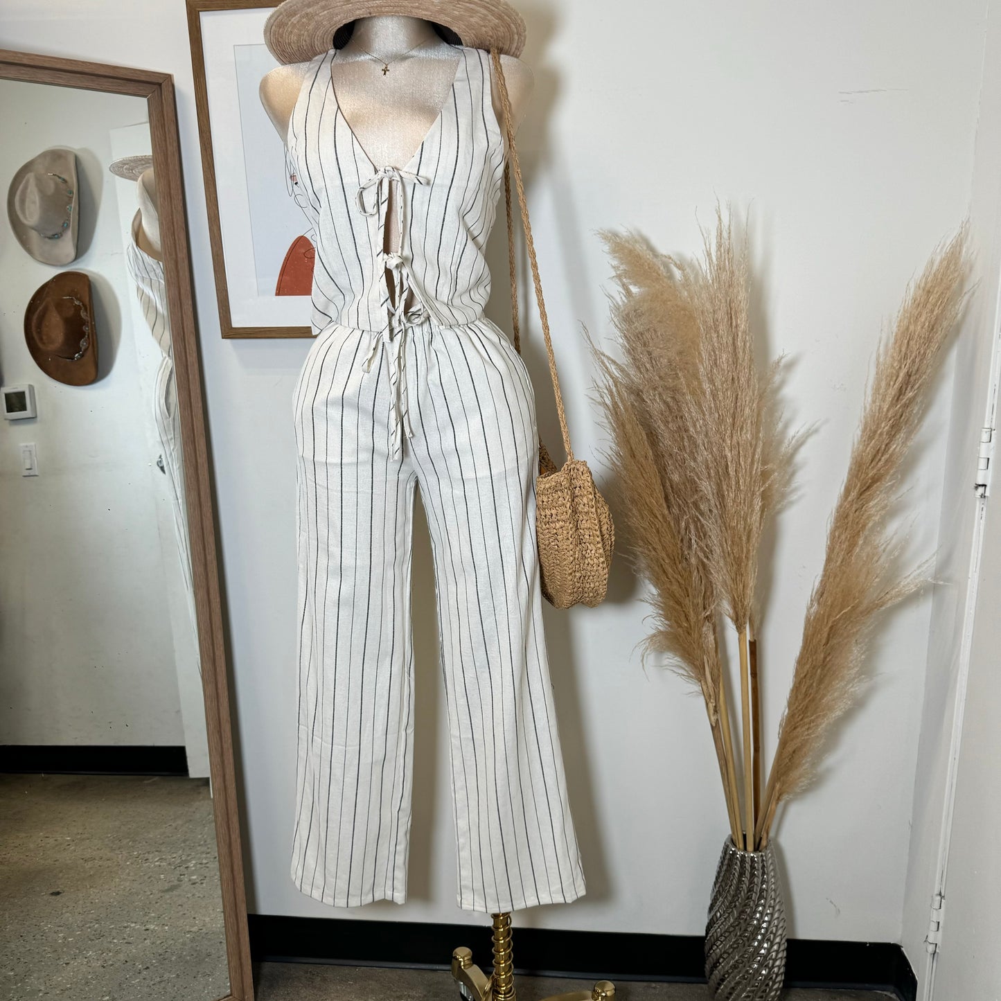 Knot Linen Pant Set-White and Black Stripes