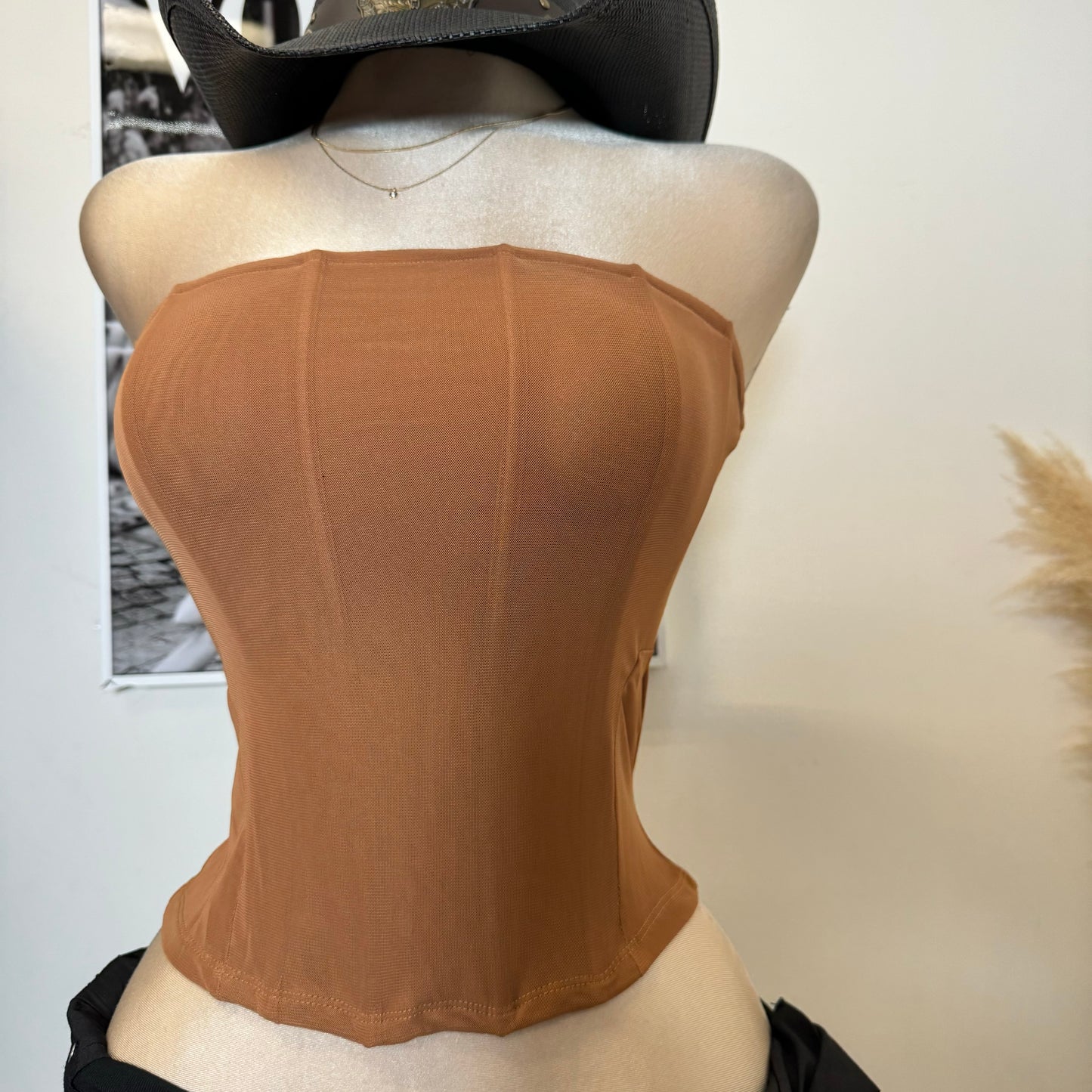 Mesh Corset Top-Camel