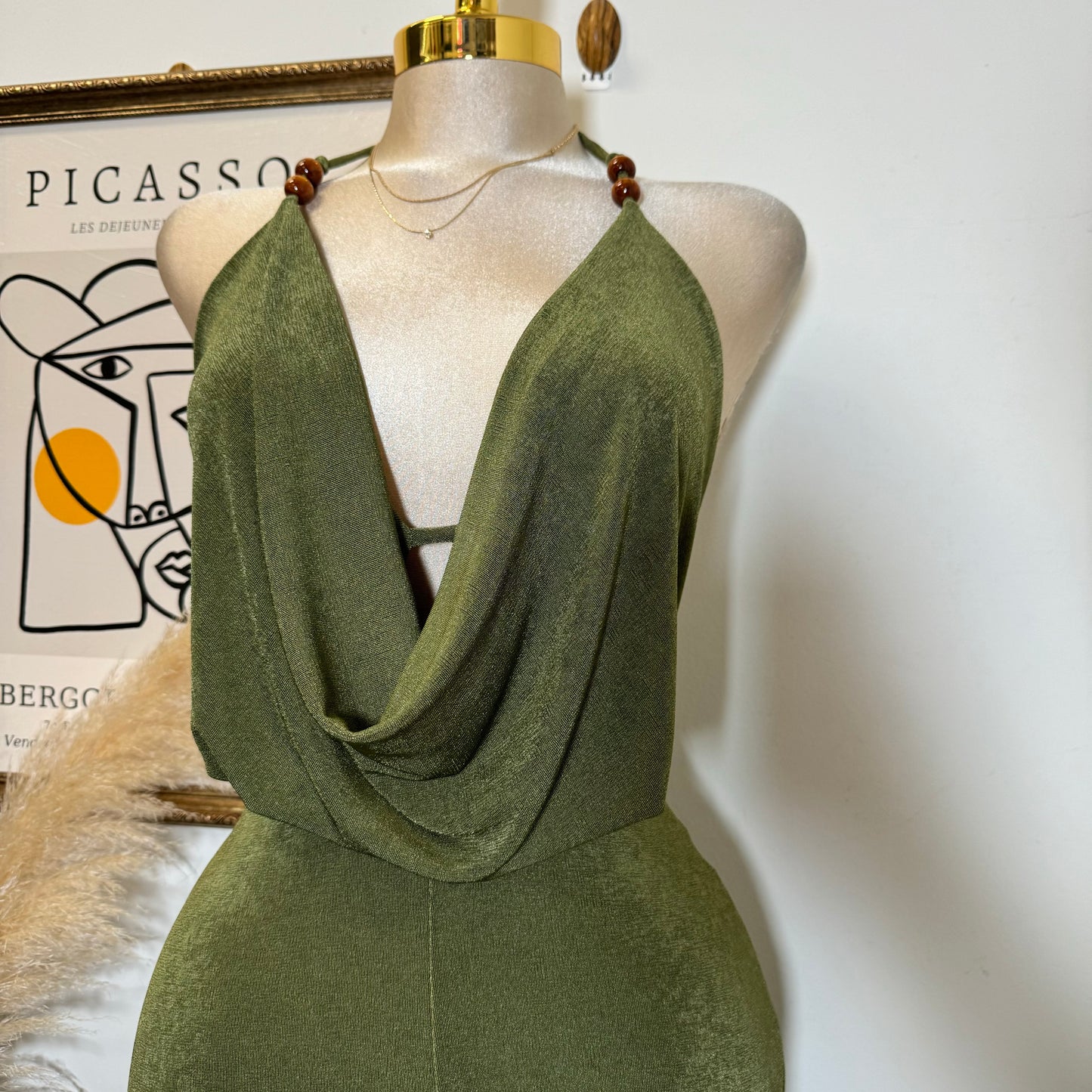 Bead Cowl Neck Halter Jumpsuit-Green