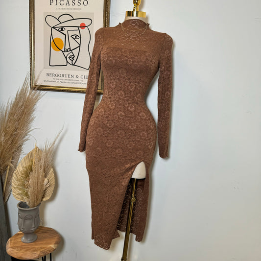 Rosie Lace Midi Open Slit  Dress-Brown