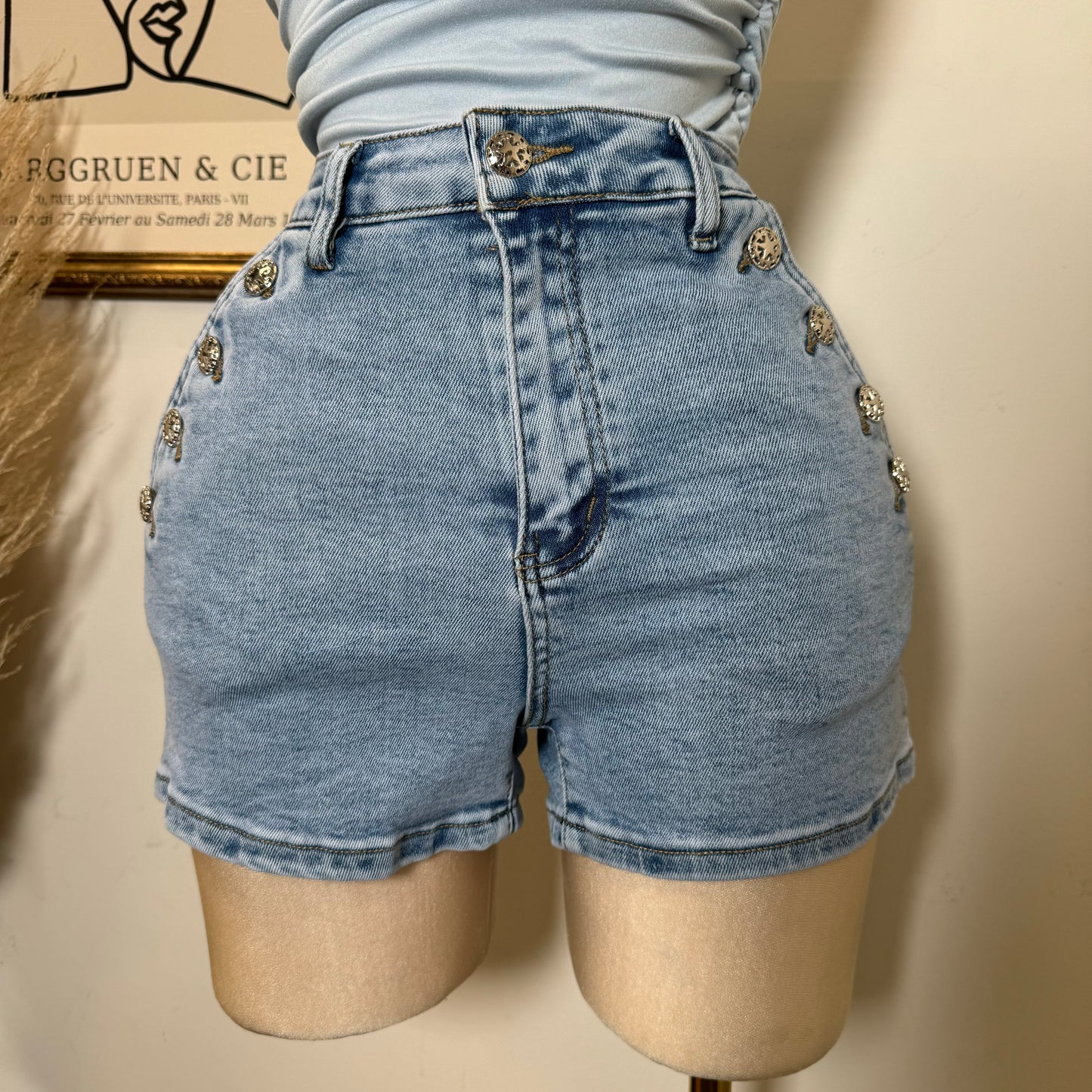 High Waisted Shorts Silver Button-LT Blue