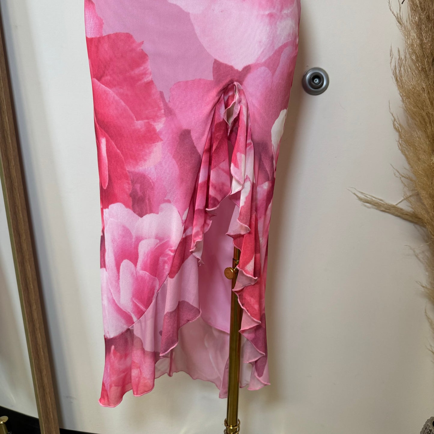 Zabrina Floral Ruffle Slit Mesh Dress-Pink