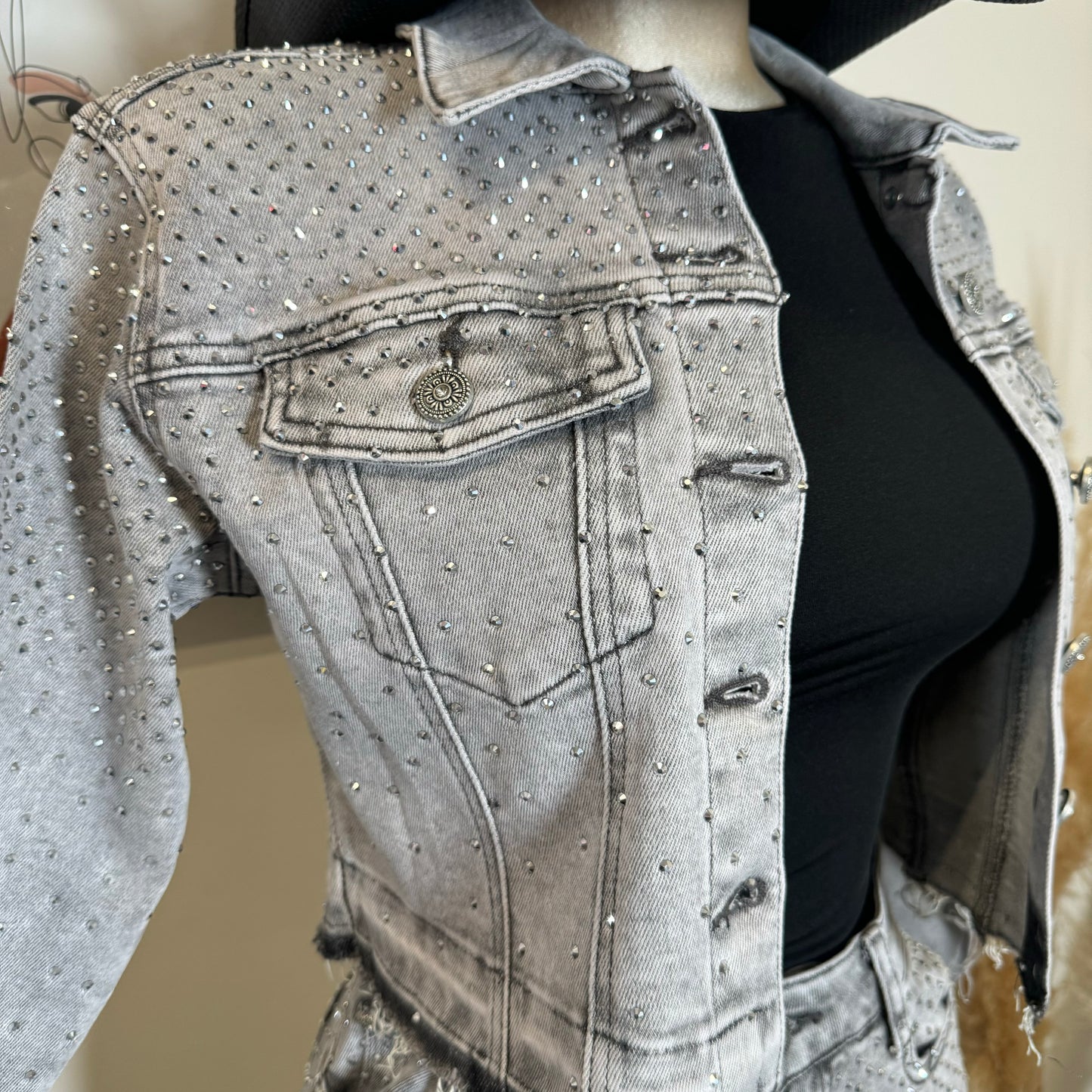 All Rhinestone Denim Jacket -Gray