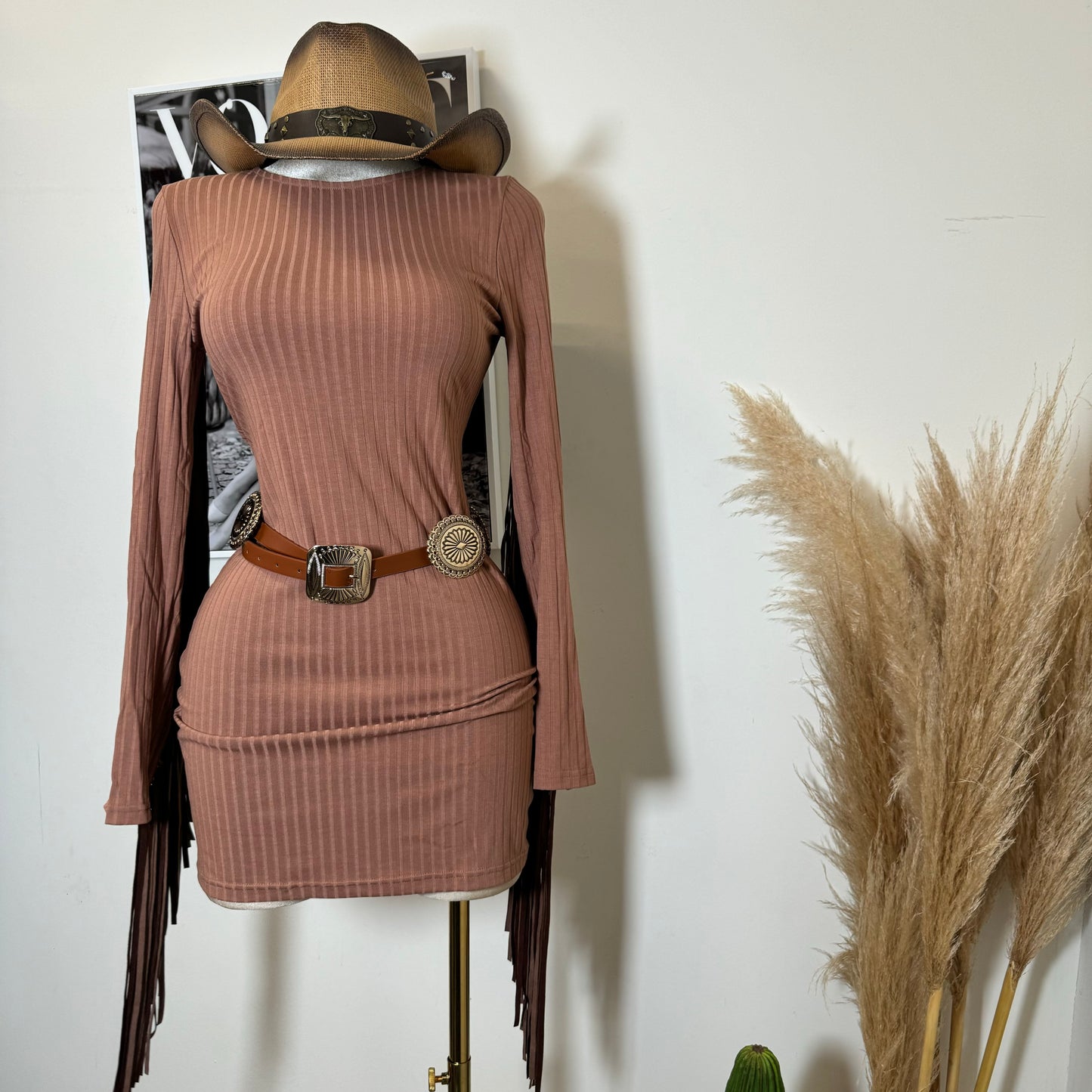 Fringe Rib Bodycon Dress-Brown