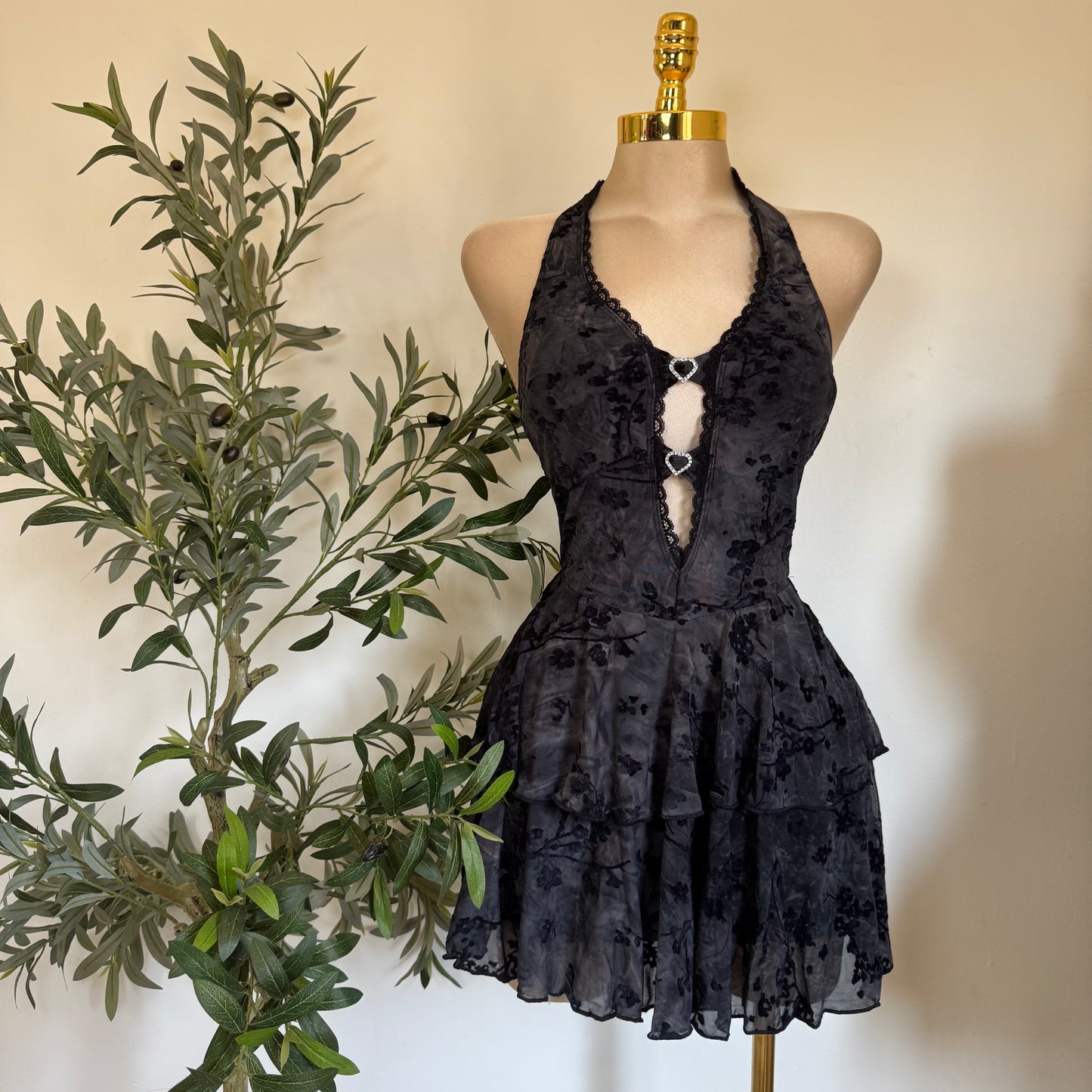 Lace Halter Dress with Hearts Details- Black