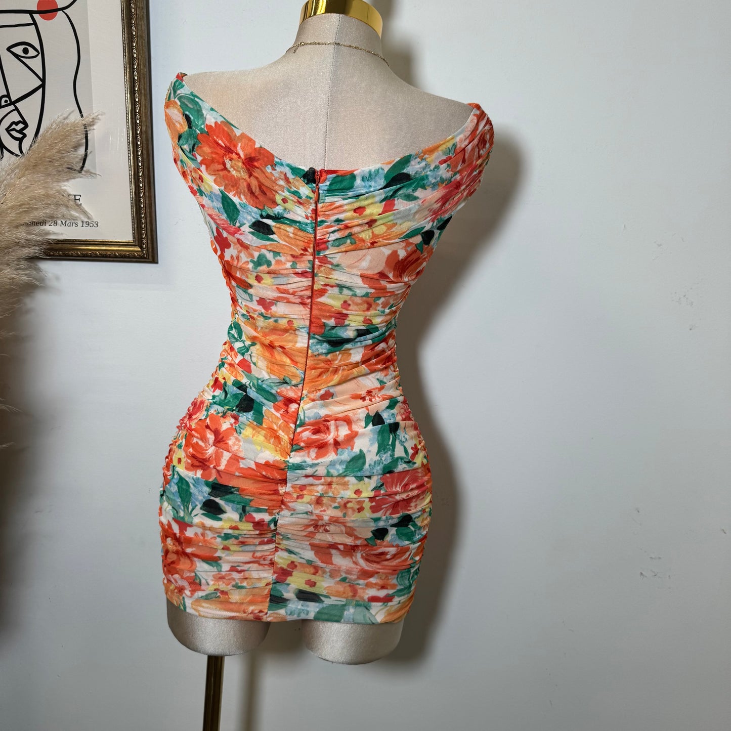 Off Shoulder Wire Inset Ruching -Orange