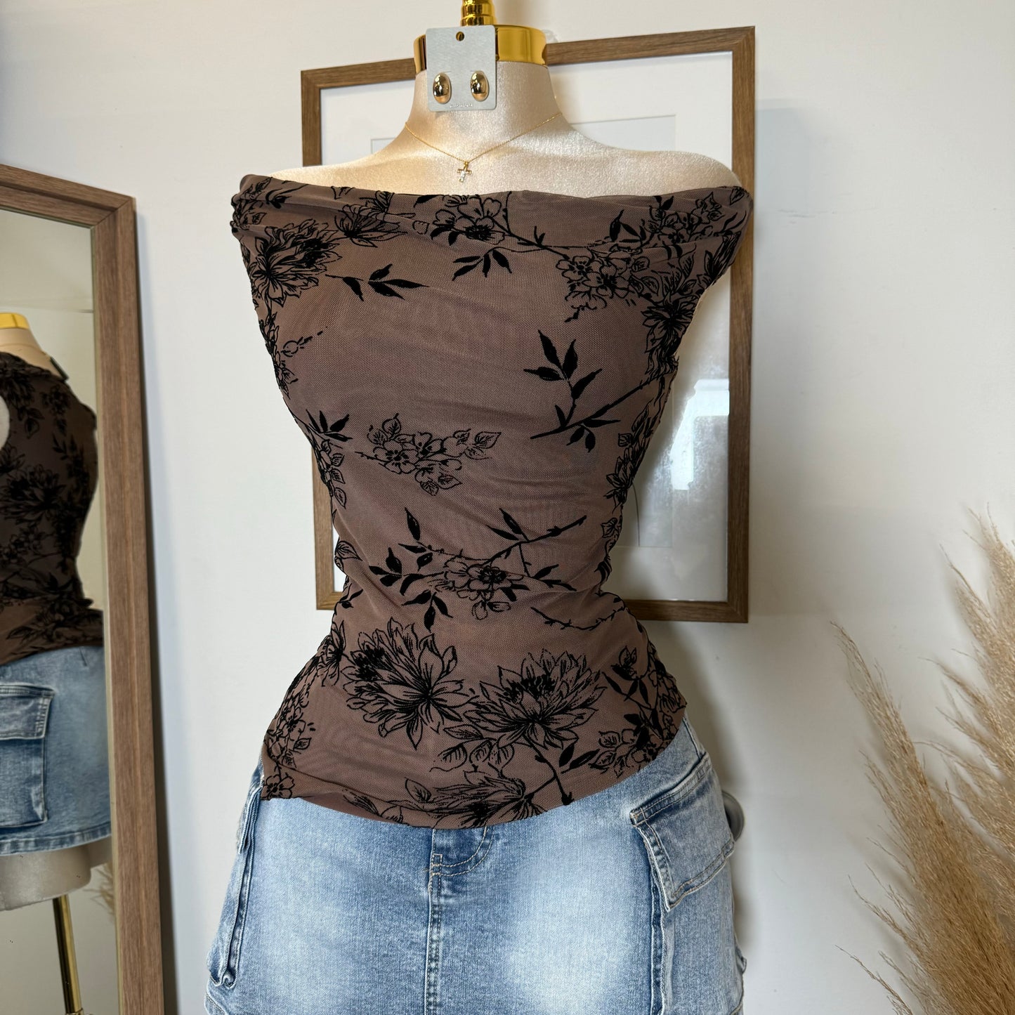 Elina Flocked Mesh Off Shoulder Top-Mocha