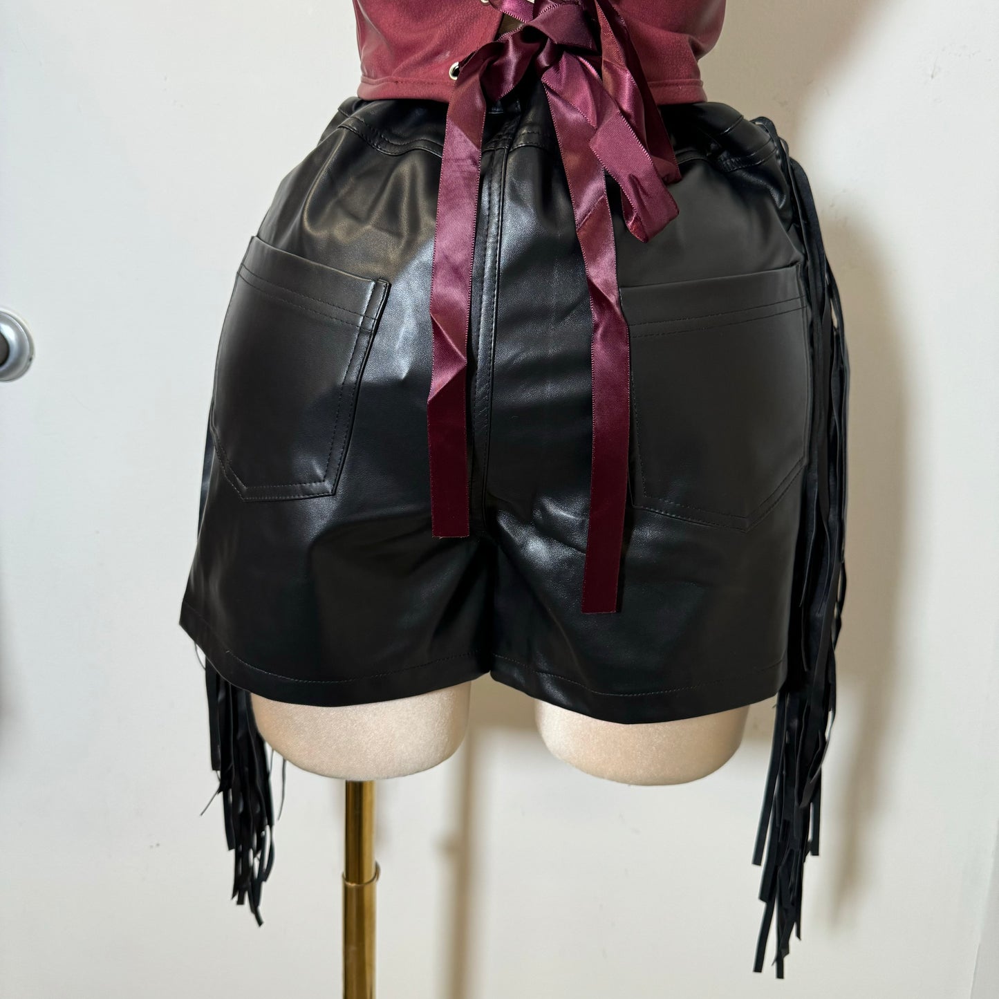 Leather Fringe Shorts-Black
