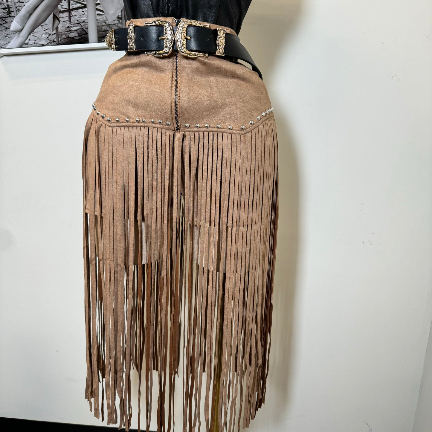 Fringe Stud Suede Shorts-Tan
