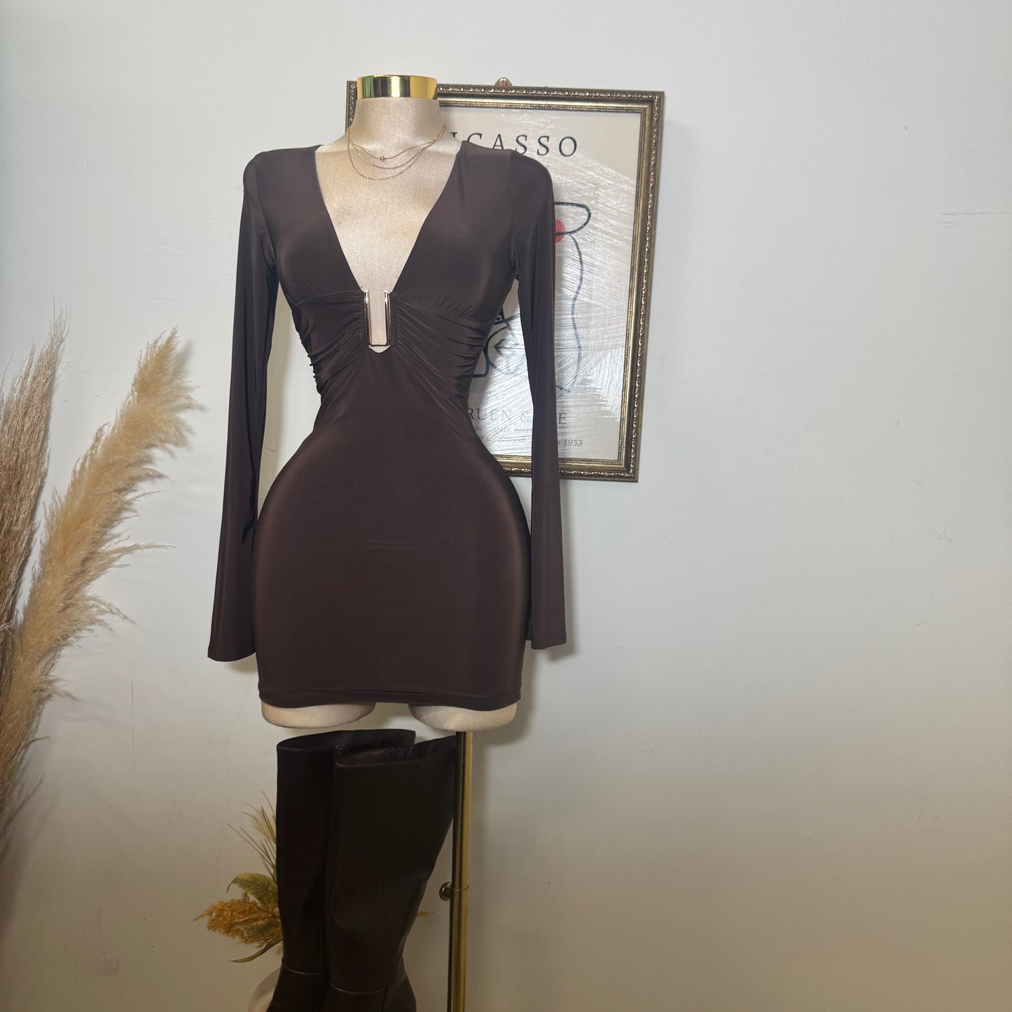 Long Sleeve Plunging Mini Dress-Brown