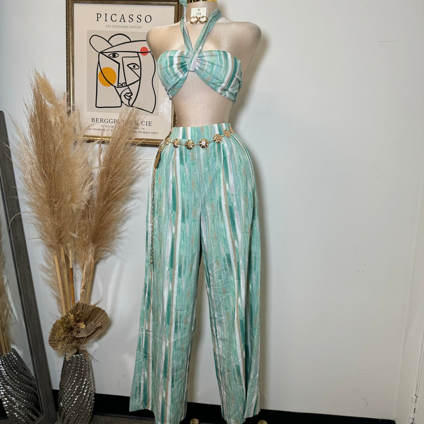 Woven Print Front Tie Crop Cami & Wide Pants-Green