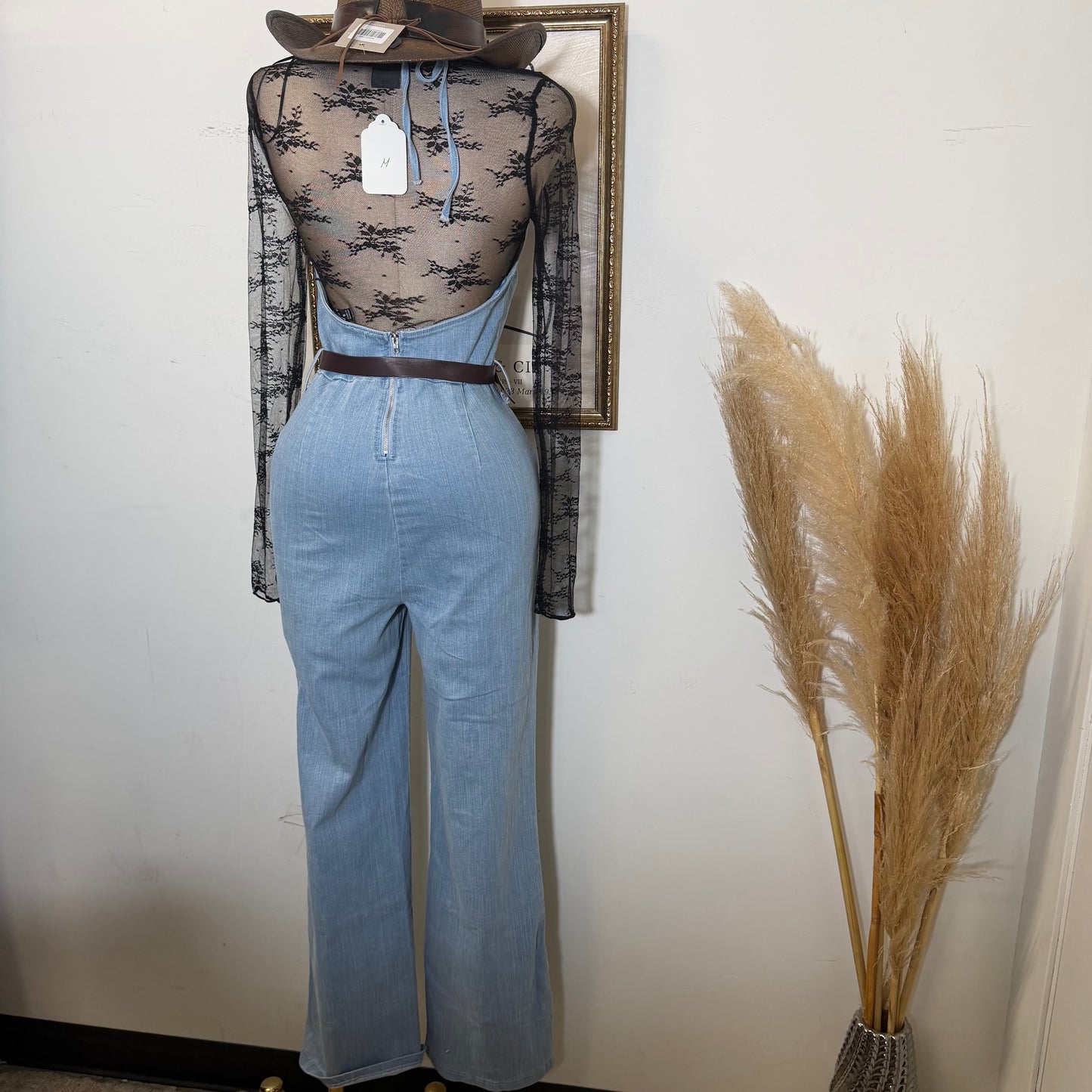 Denim Jumpsuit With Belt-Light Blue