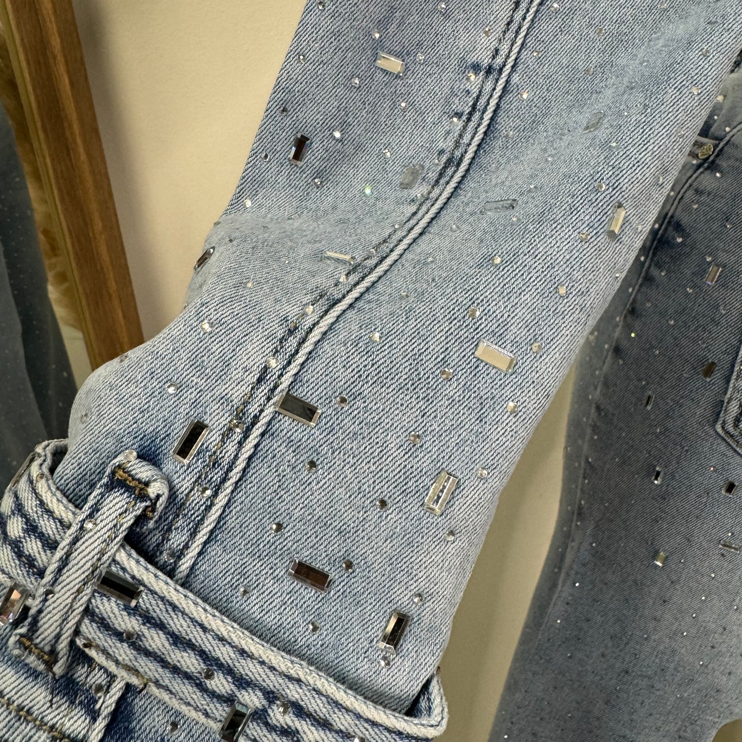Ximena Rhinestone Denim Jacket-LT Blue
