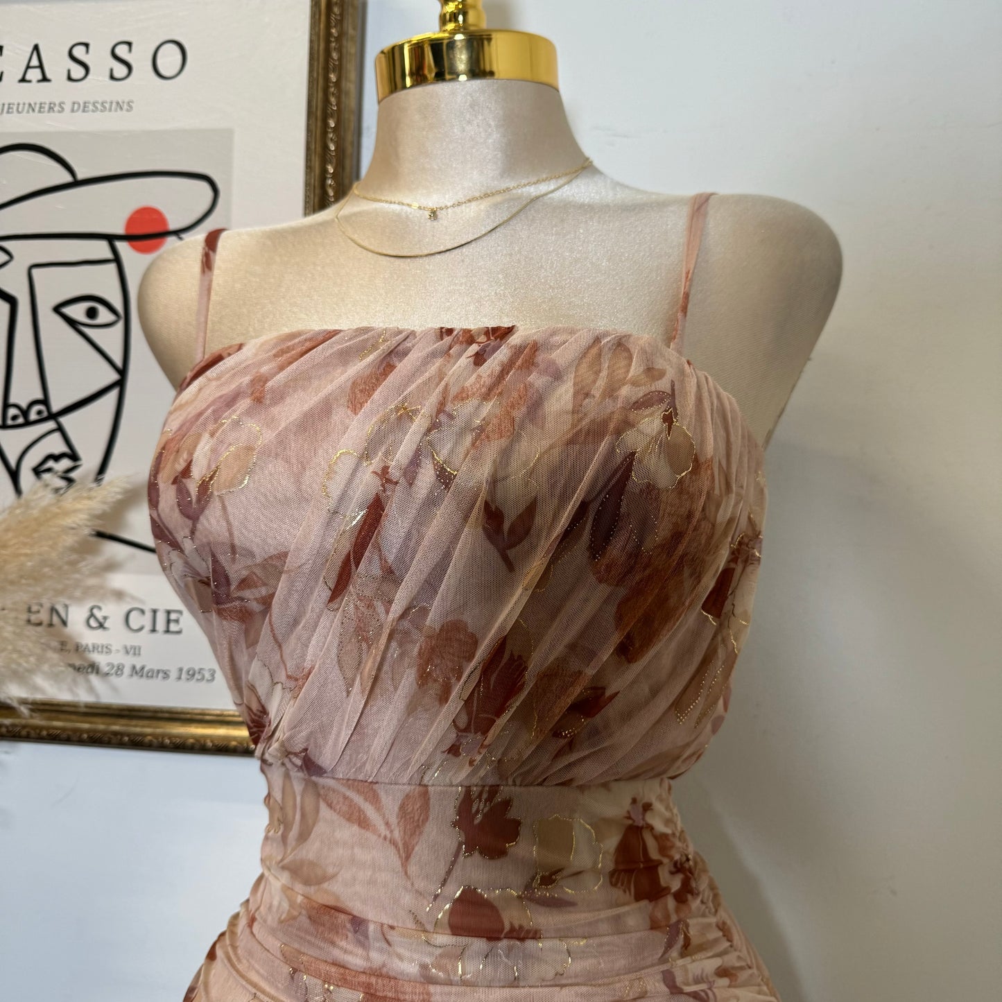 Metallic Mesh Print Tube Neck Line With spaghetti Straps-Rose