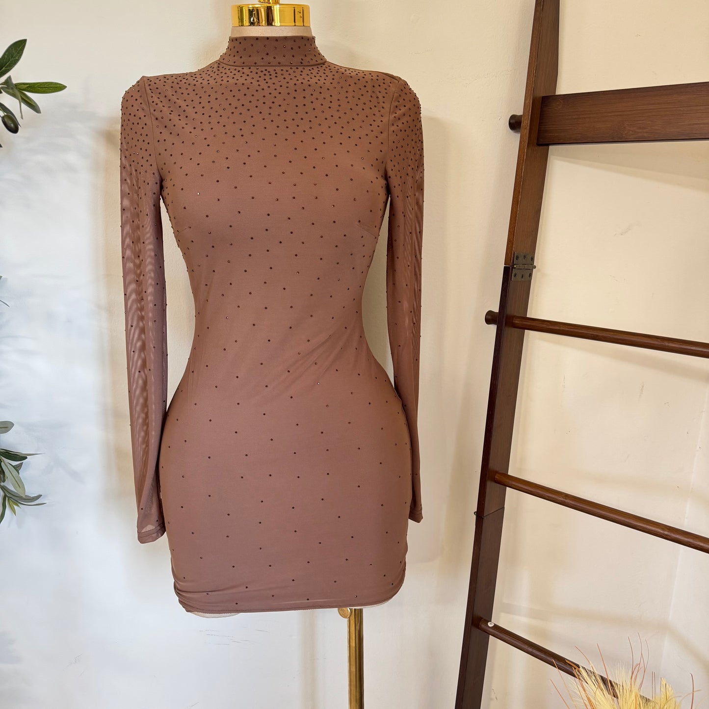 Mesh Mock Dress Rhinestone Open Back Mini Dress-Mocha