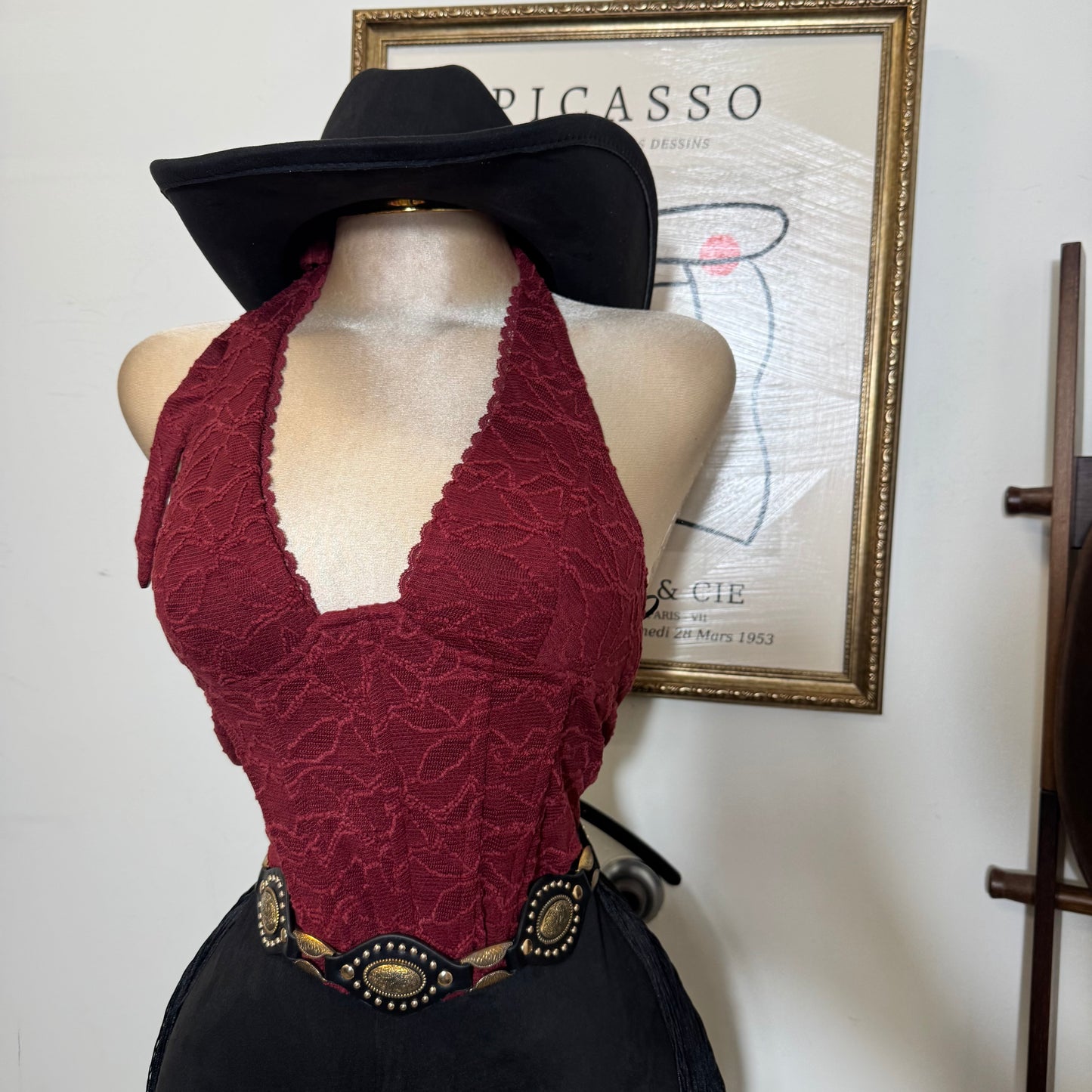 Textured Lace Halter Top-Burgundy