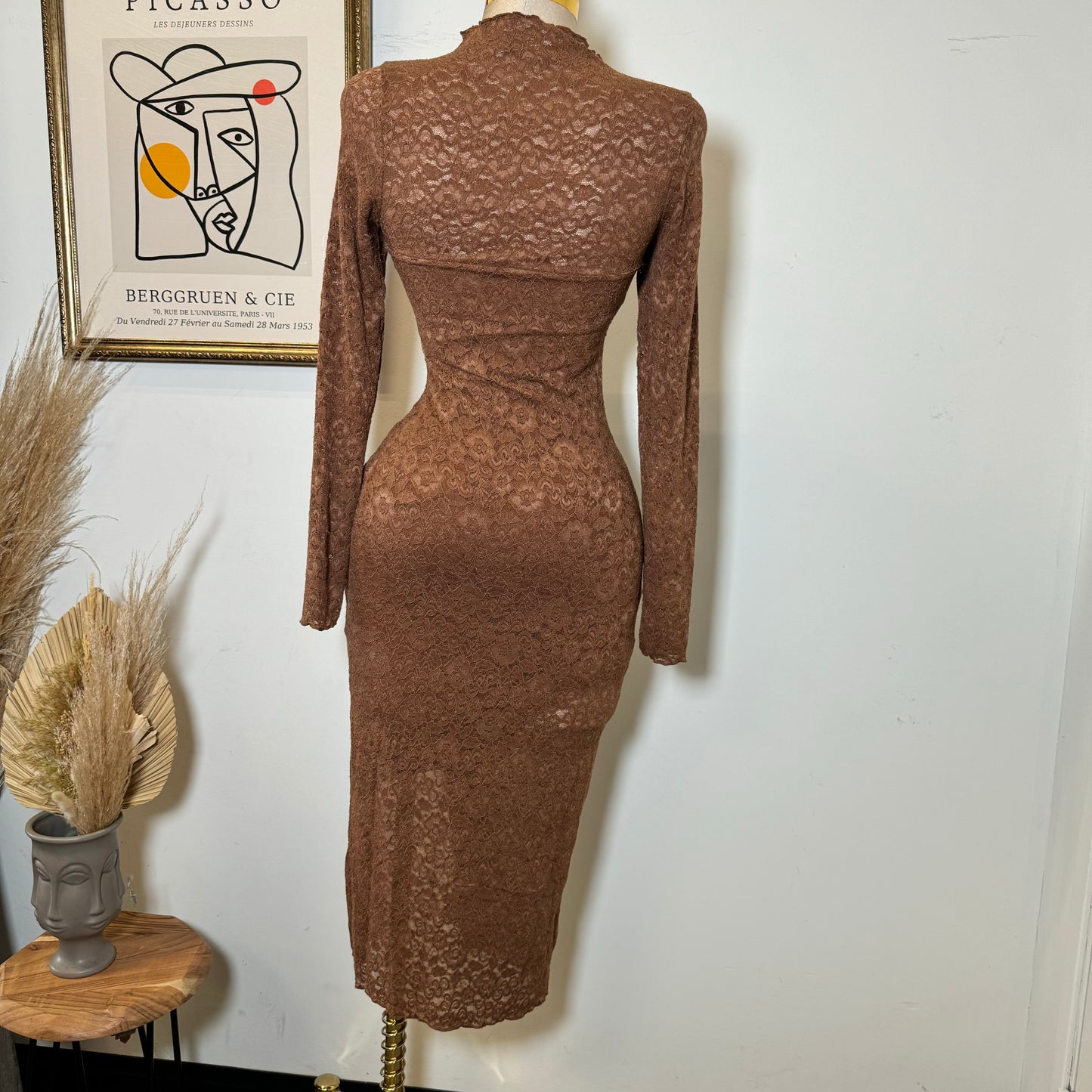 Rosie Lace Midi Open Slit  Dress-Brown