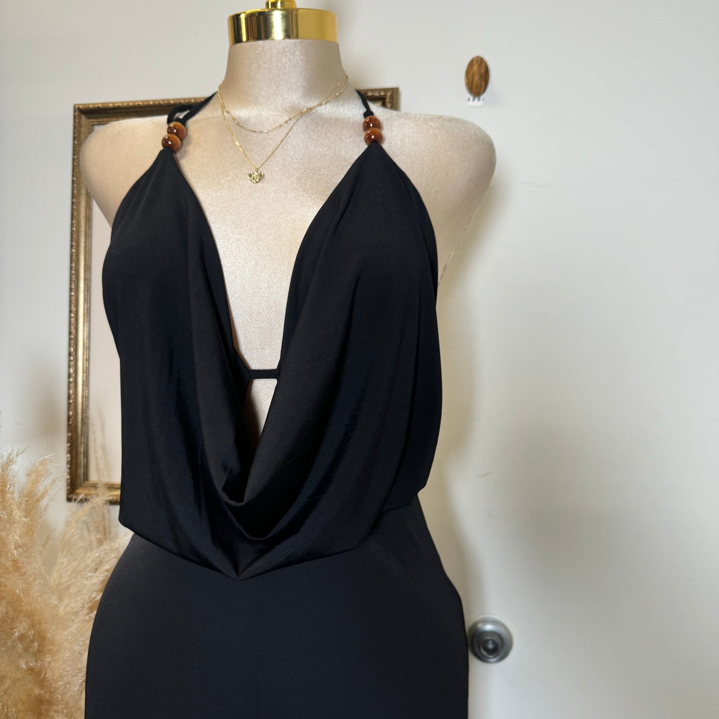 Bead Cowl Neck Halter Jumpsuit-Black