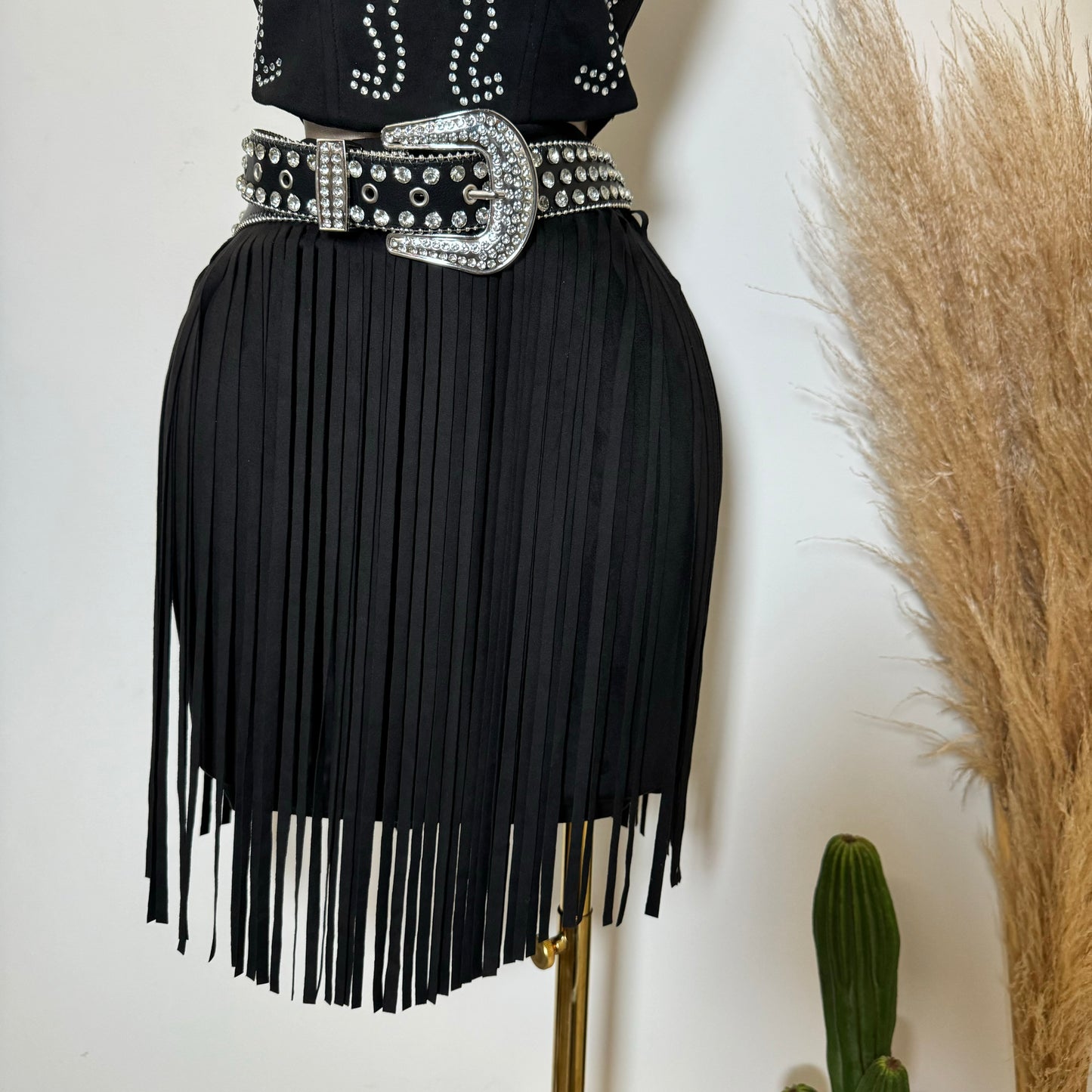 Fringe Suede Mini Skirt-Black
