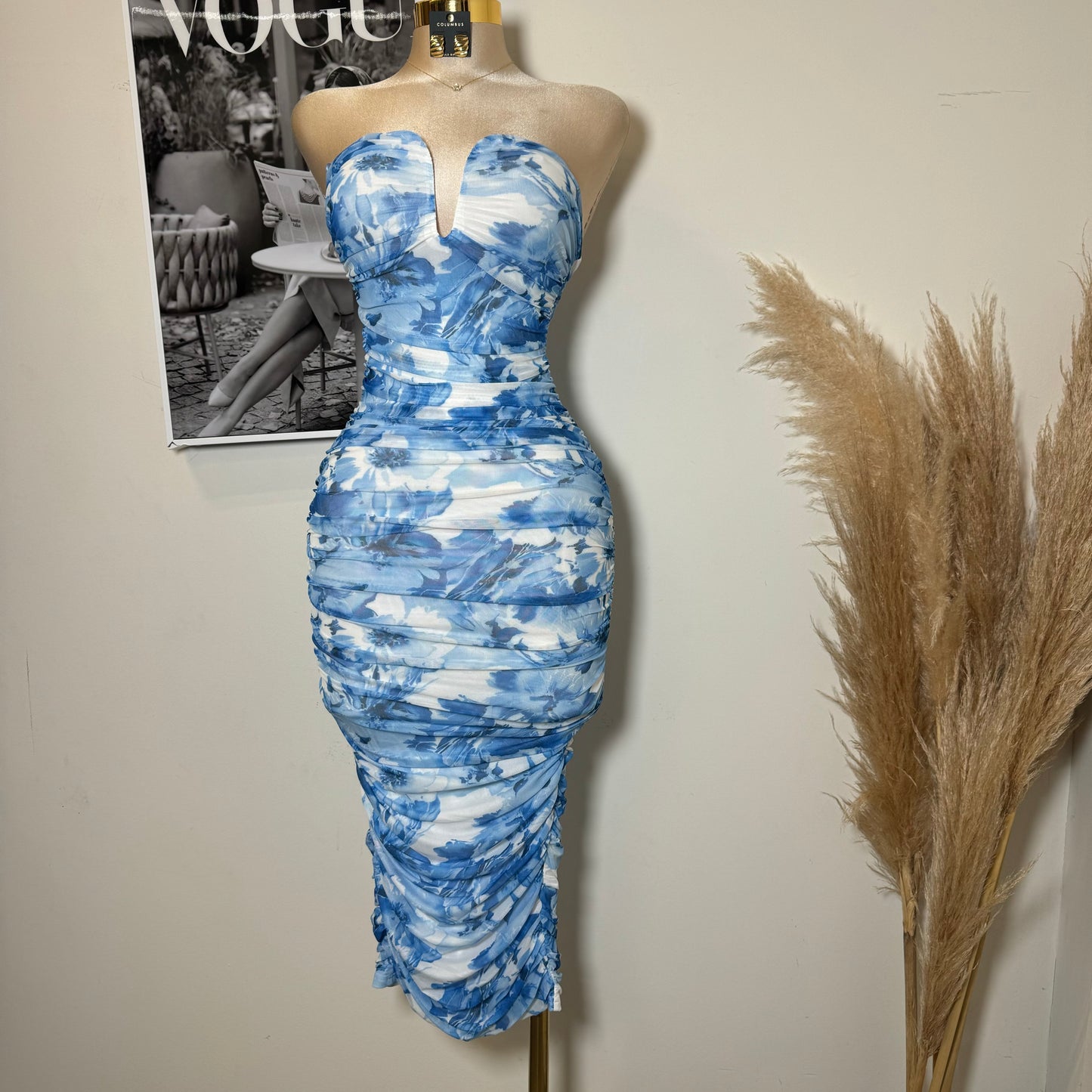 Strapless Mesh Print Dress-Baby Blue/White