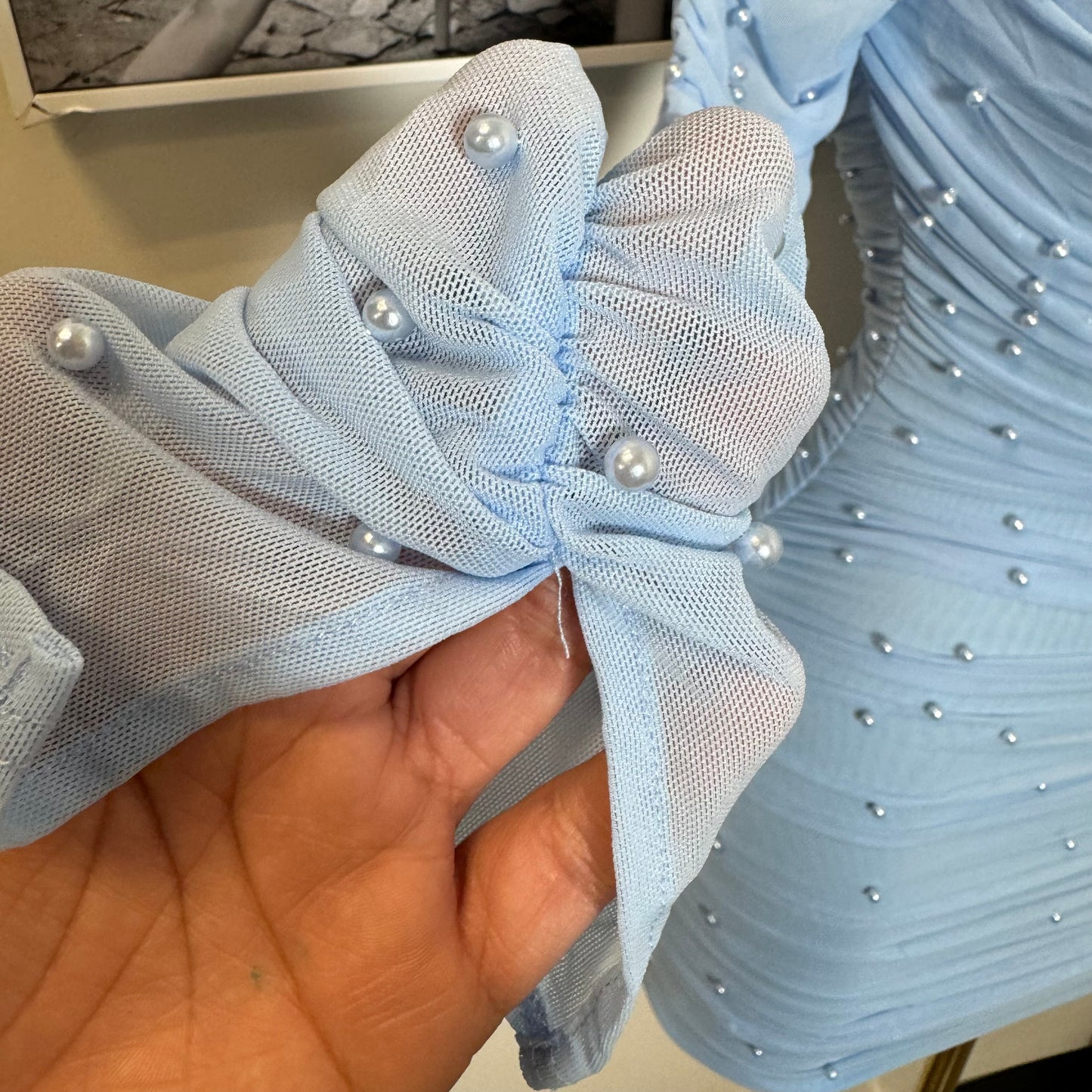 Meghan Pearl Mesh Dress-Baby Blue