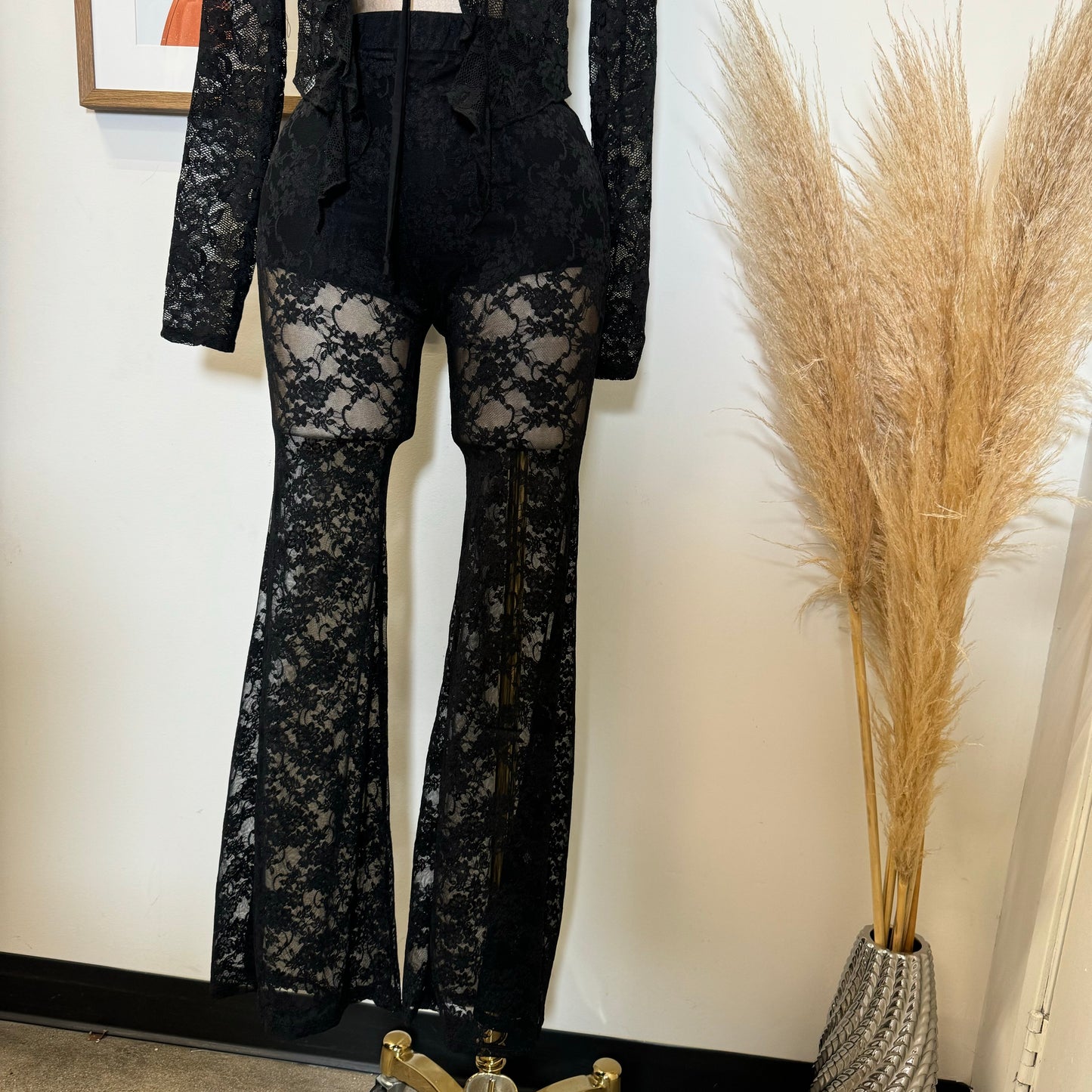 High Waisted Lace Pants-Black