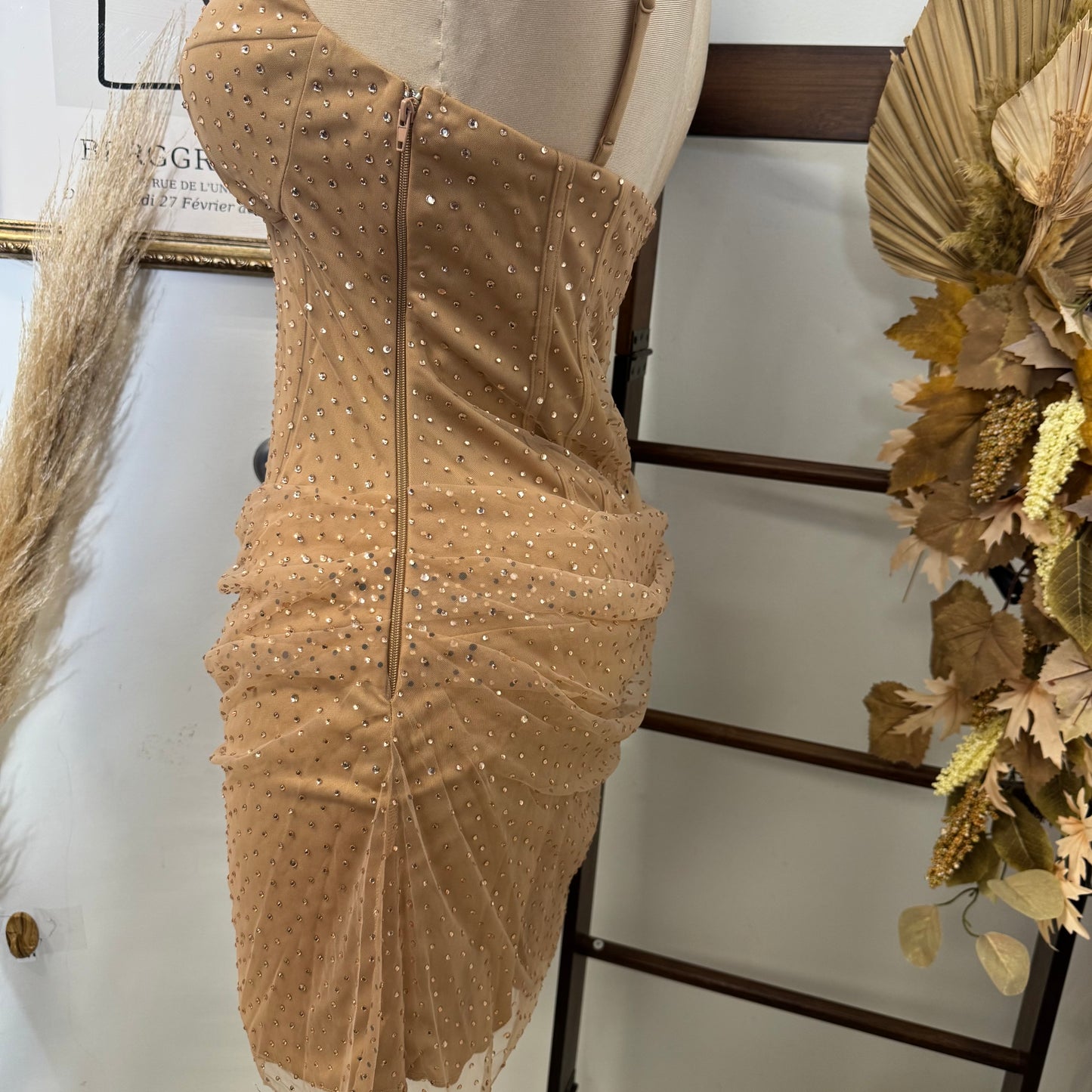 Rhinestone On Overlay Mesh Mini Dress SweetHeart Neckline Adjustable spaghetti Shoulder-Gold