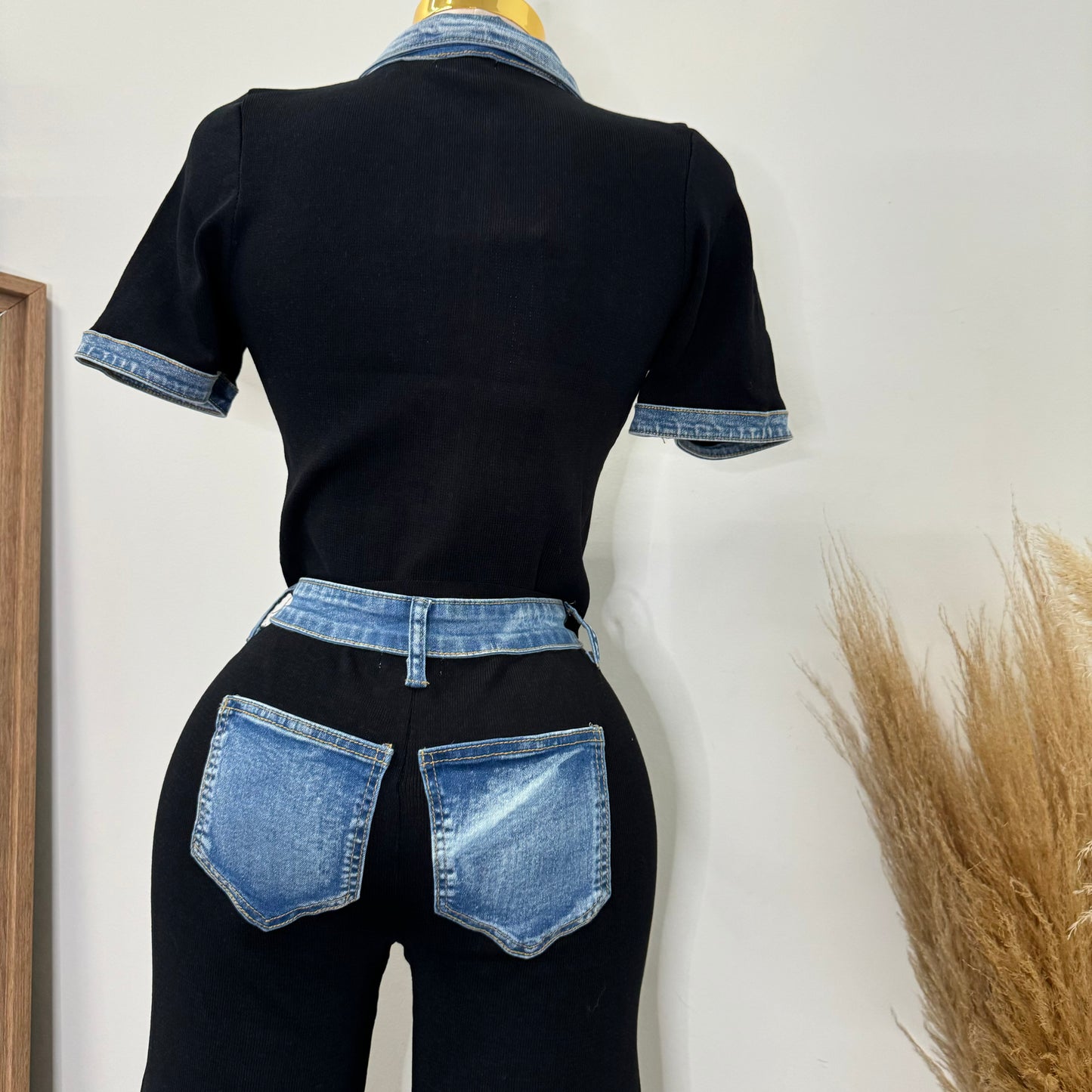 Street Chic Contrast Ribbed Denim Pant Set-black