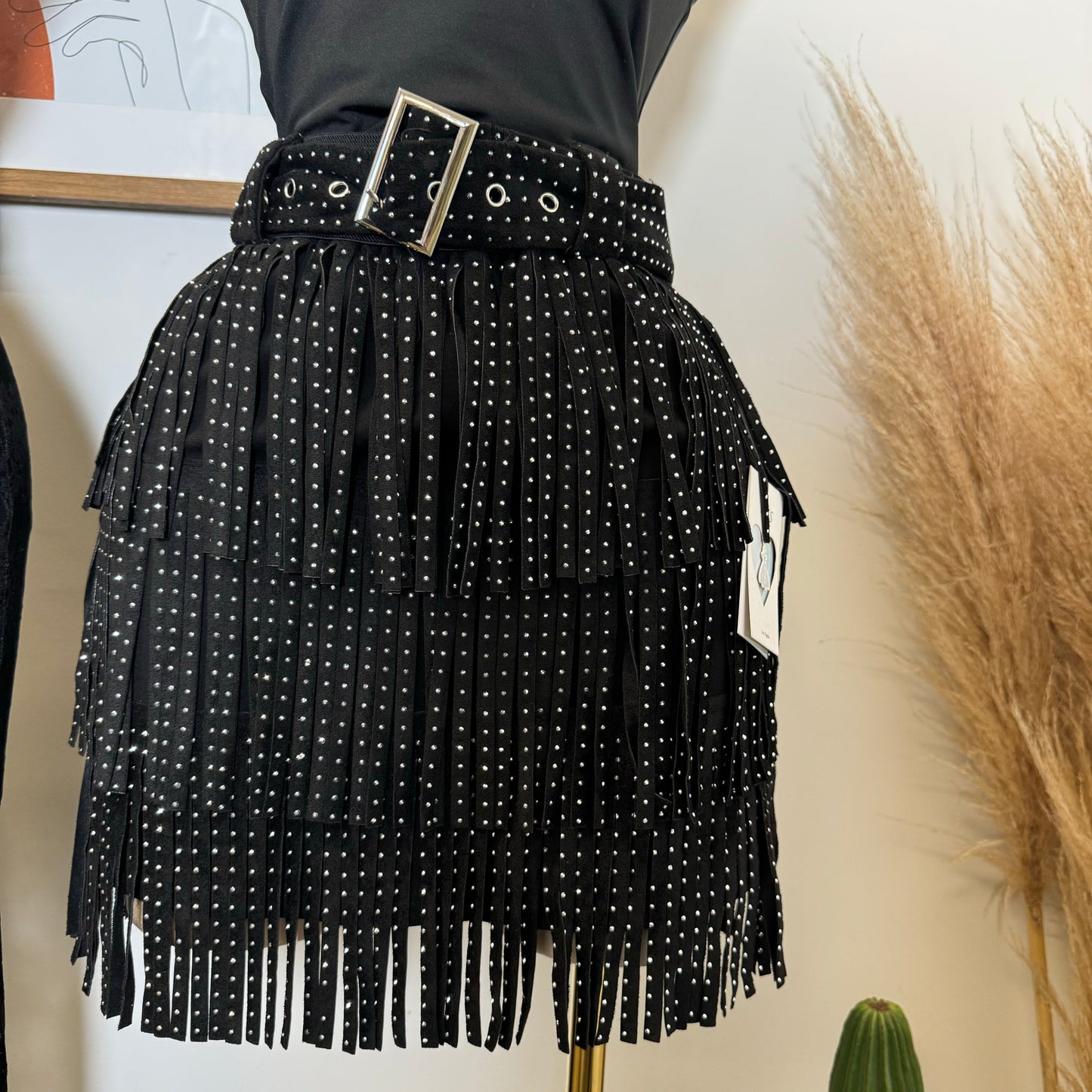 Fringe Skirt With Belt-Black