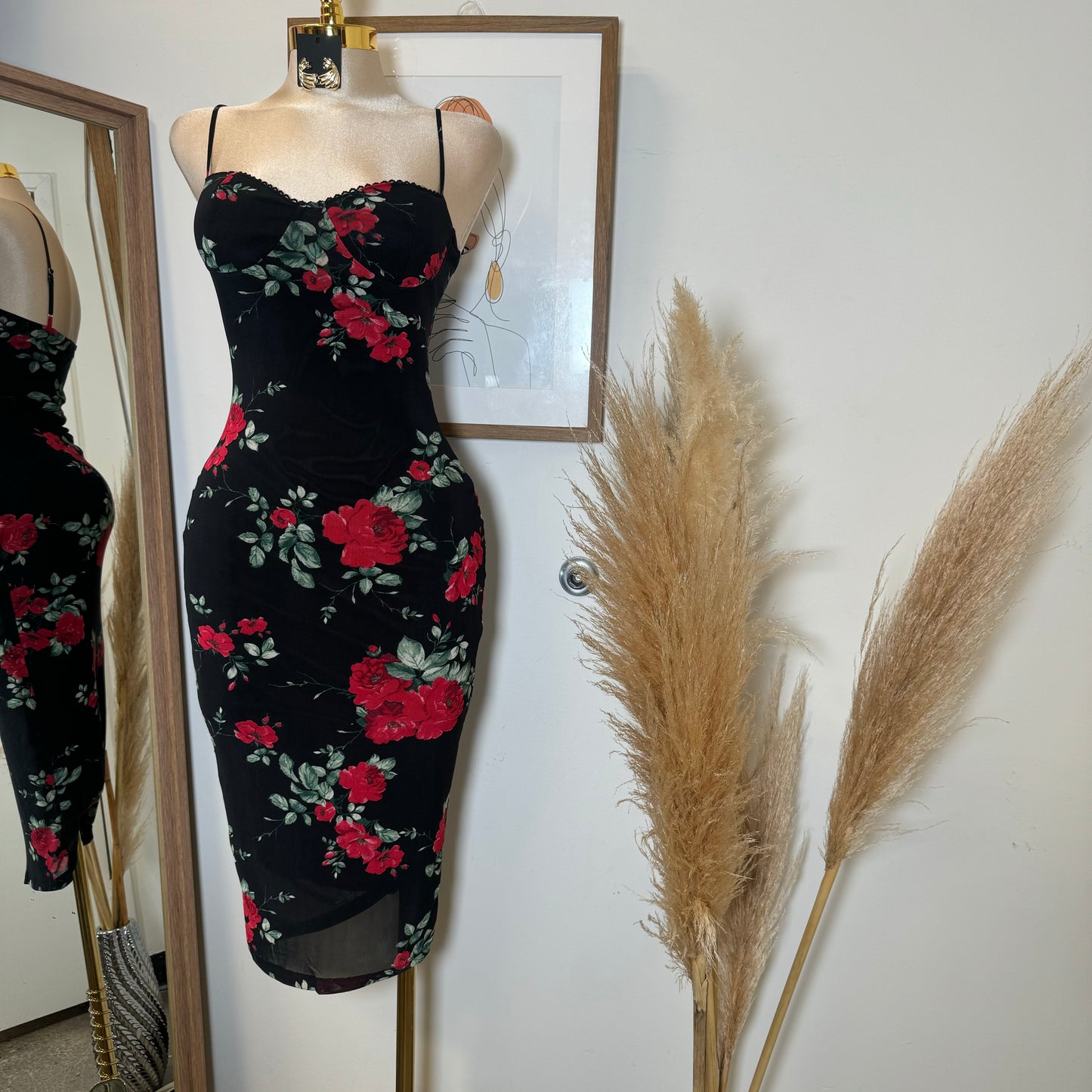 Rose Mesh Spaghetti Dress-Black/Red