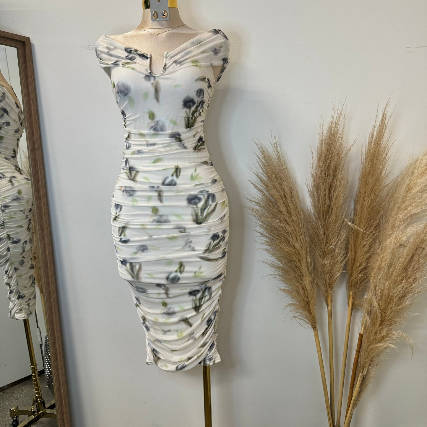 Spring Off shoulder Dress-Cream Multi