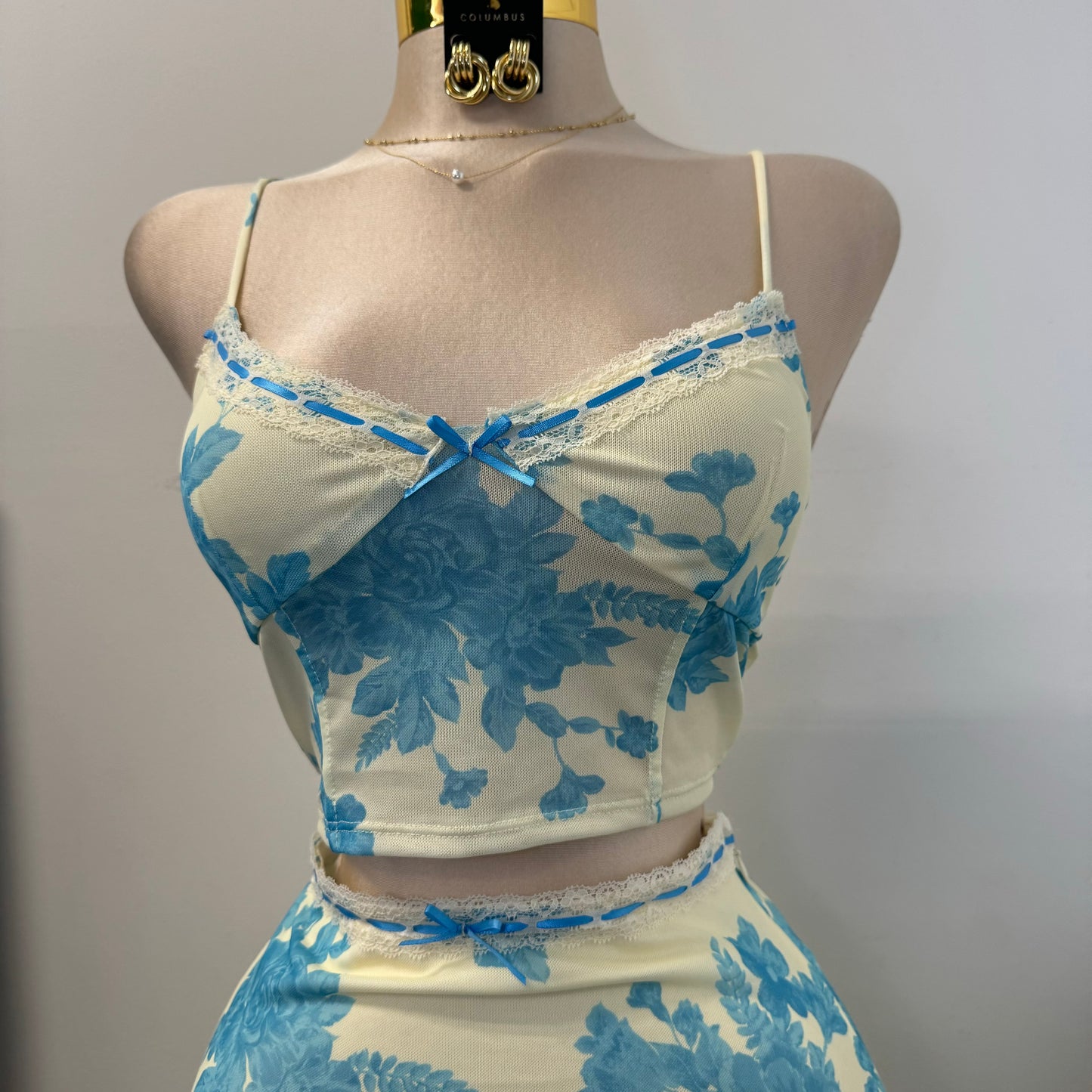 Mesh Two Piece Skirt Set-Blue