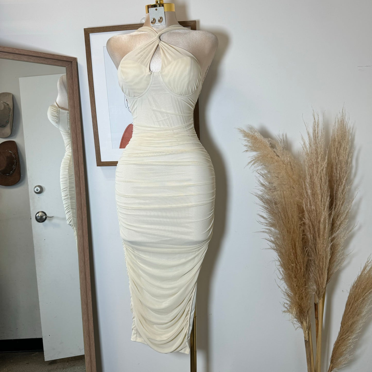 Inara Mesh Twist Halter Neck Midi Dress-Ivory1