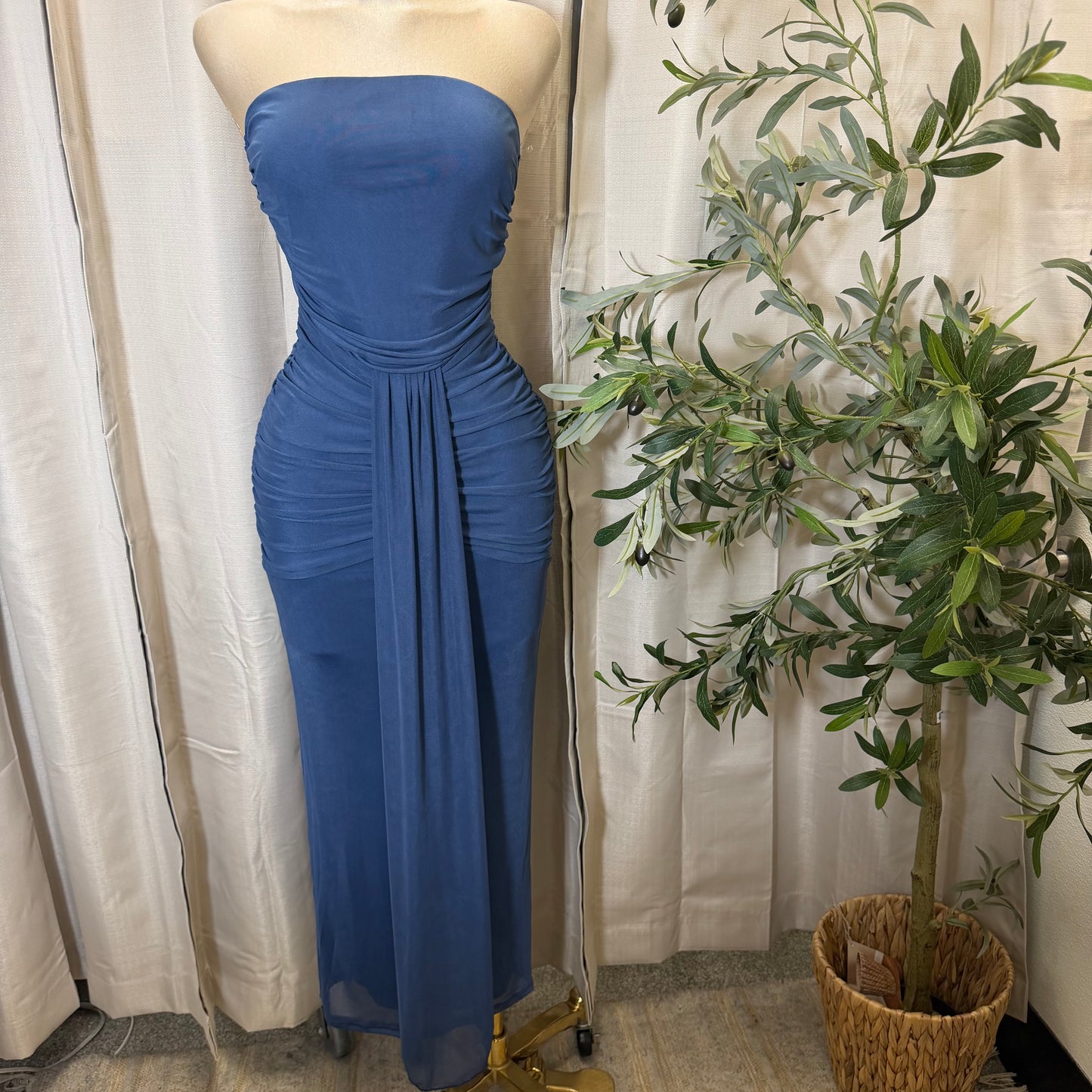 Solid Mesh Tube Maxi Dress-Denim Blue