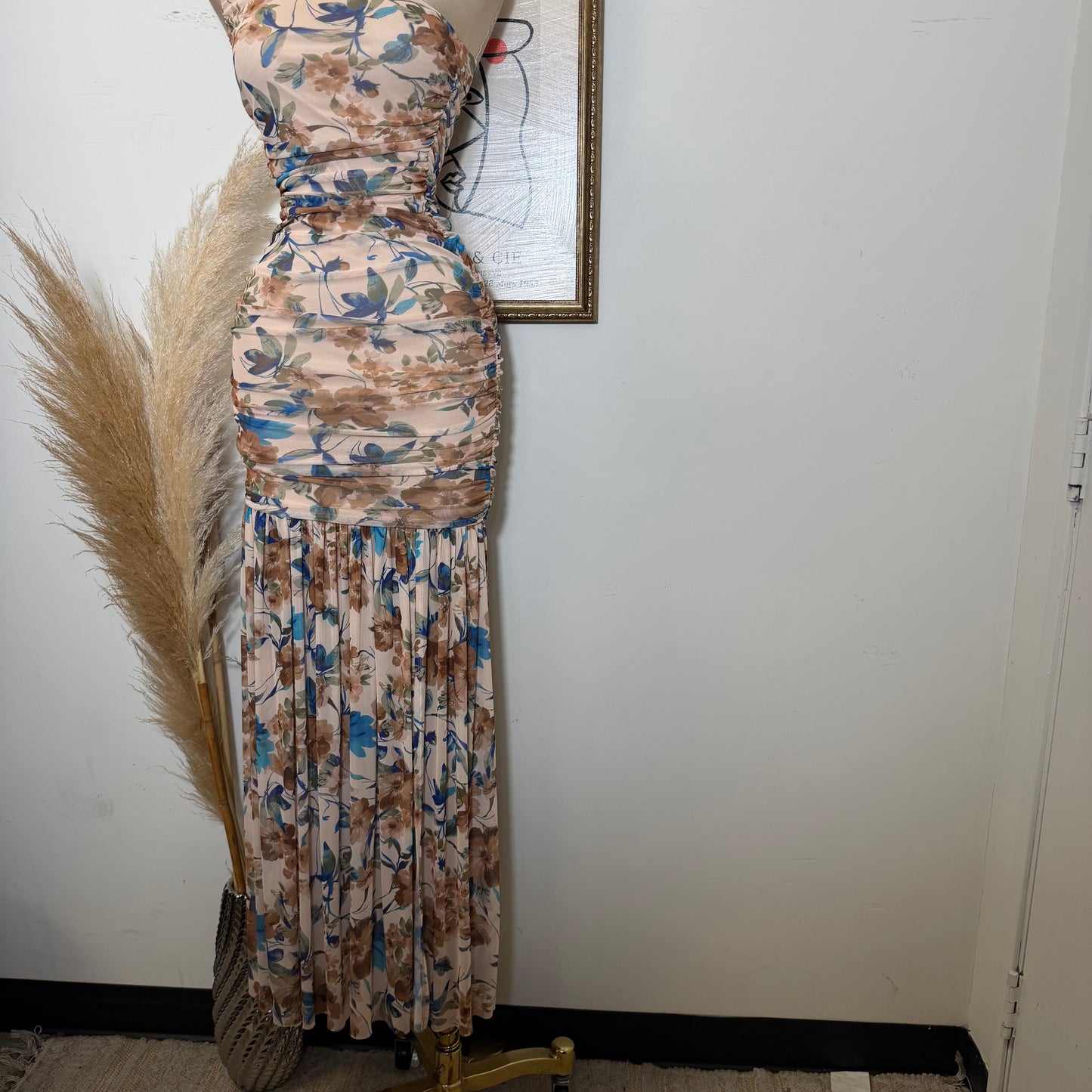 One Shoulder Mesh Maxi Dress-Brown