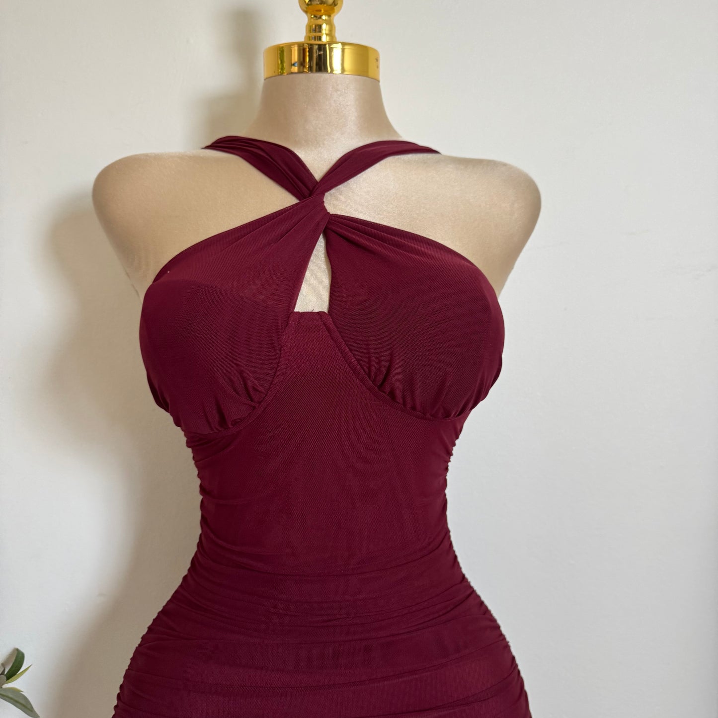 Inara Mesh Twist Halter Neck Midi Dress-Burgundy