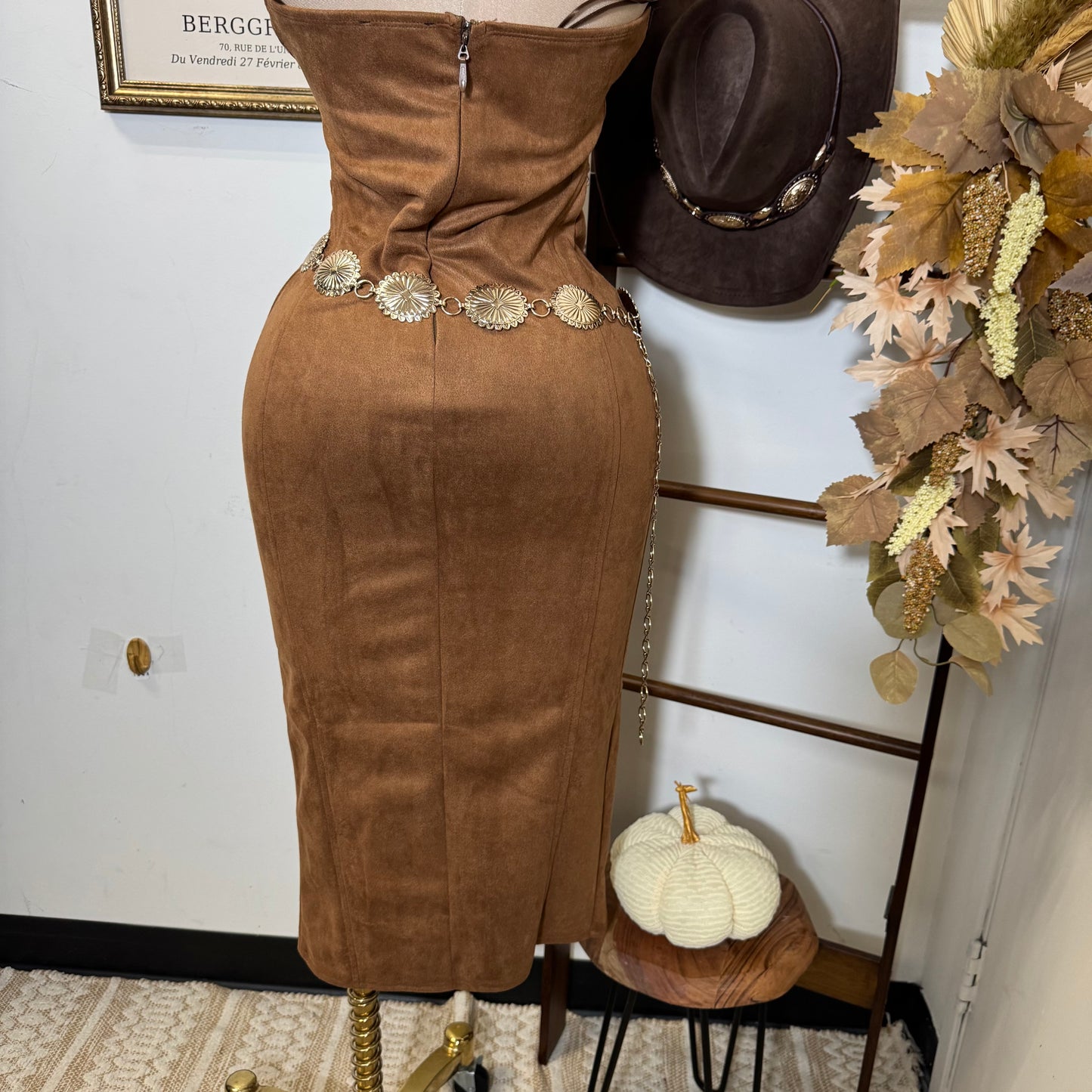 Halter Neck Front Slit Suede Midi Dress-Brown