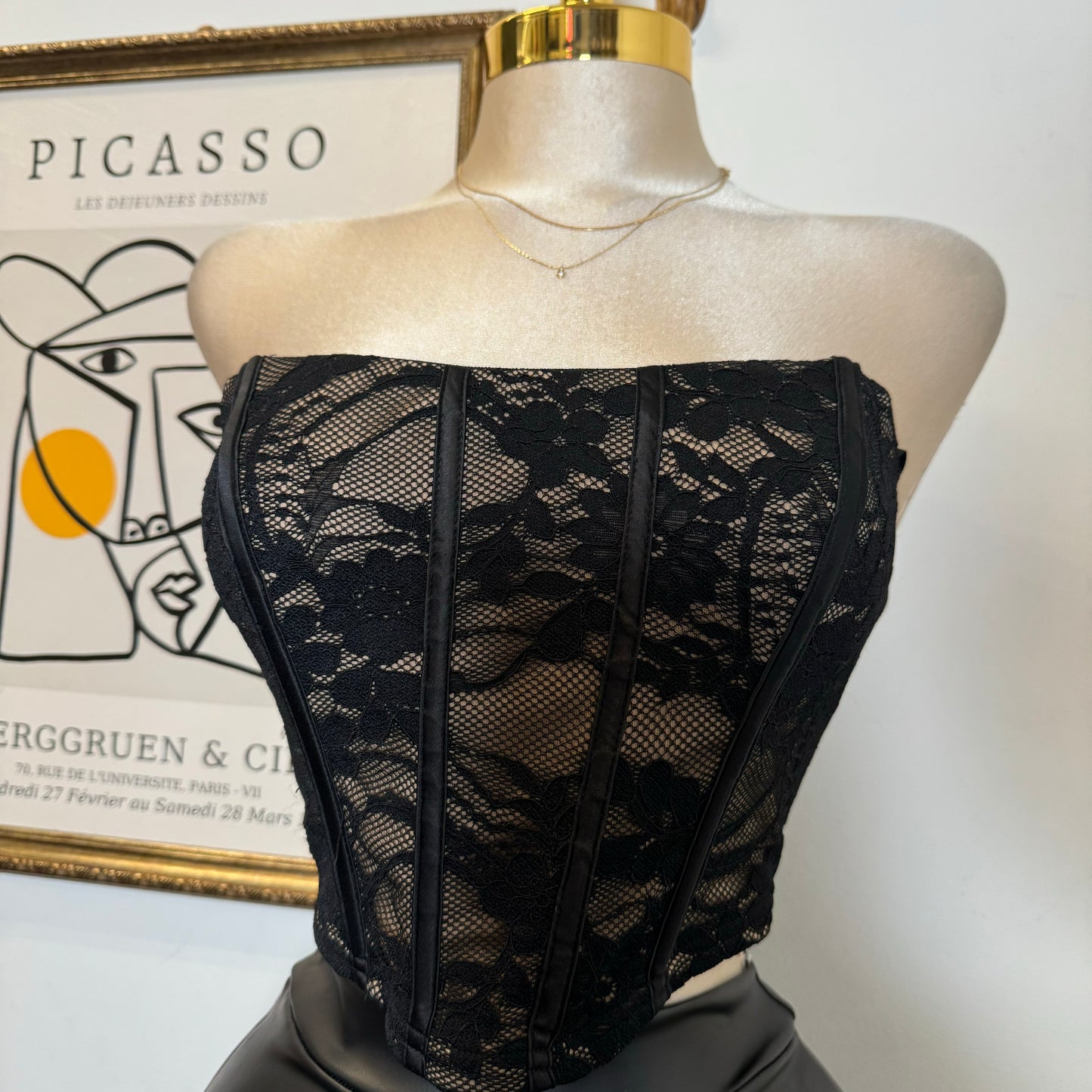 STRETCH LACE CORSET DETAIL STRAPLESS BUSTIER-Black
