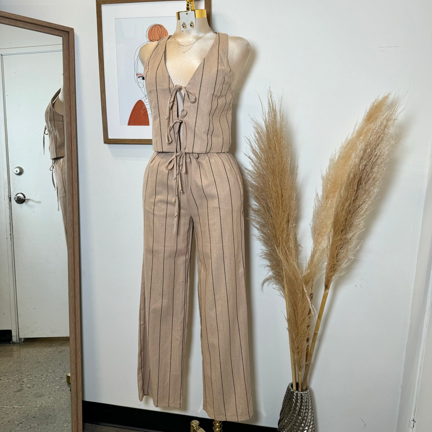 Knot Linen Pant Set-Beige with Black and Blue Stripes