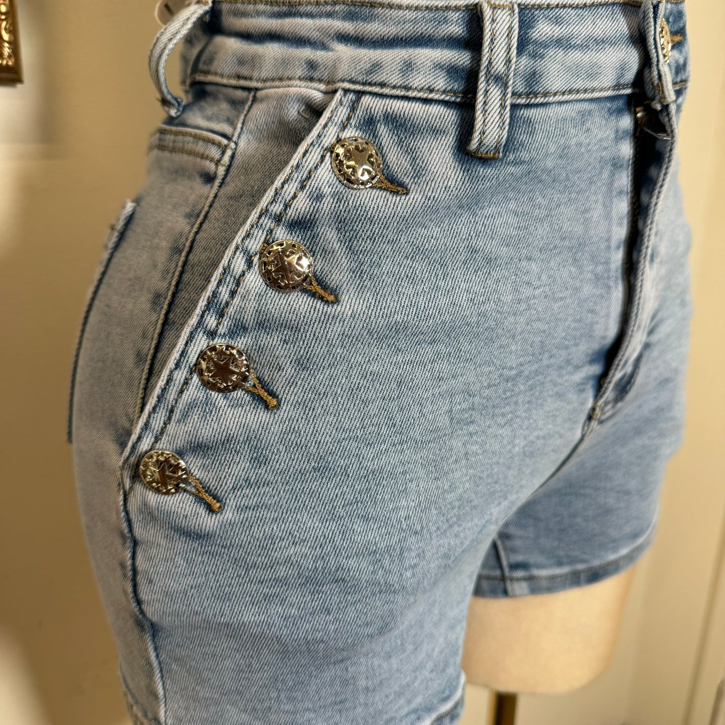 High Waisted Shorts Silver Button-LT Blue