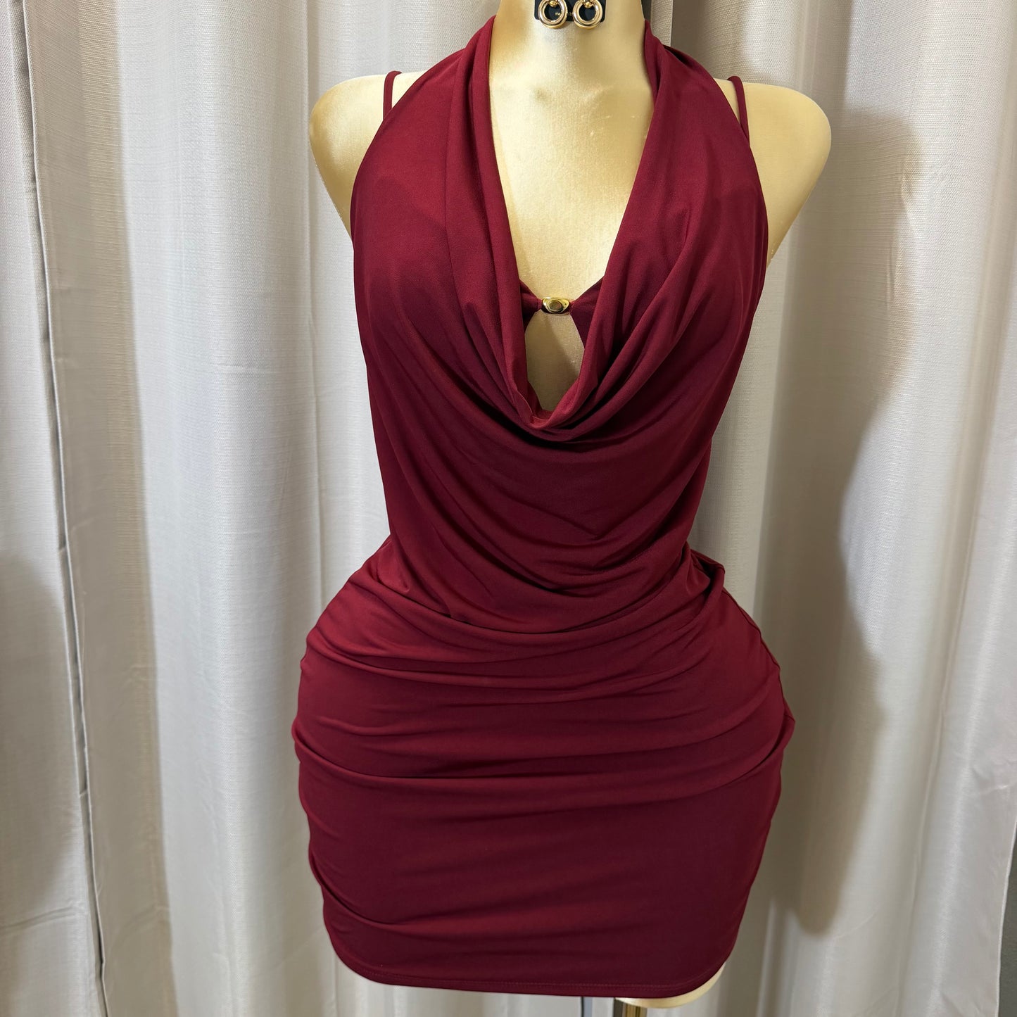 PL-Halter Cowl Neck Dress-Burgundy