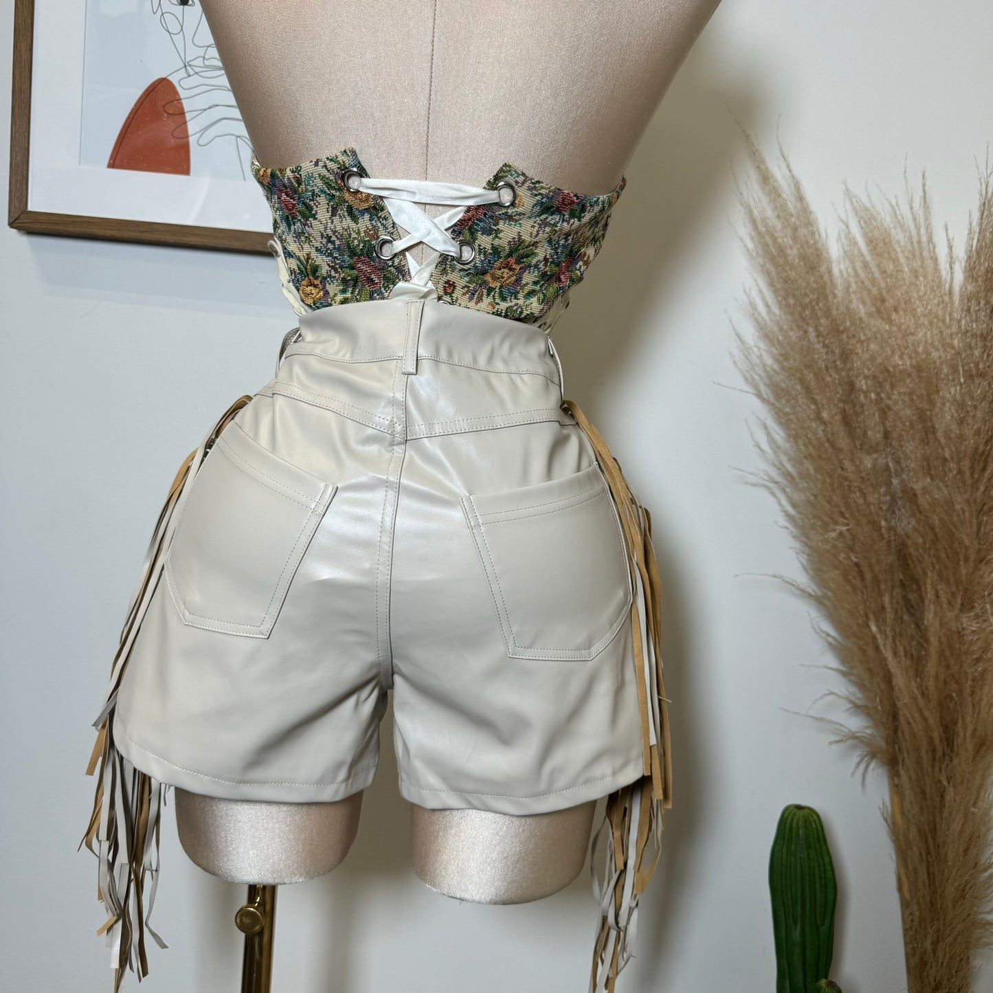 Leather Fringe Shorts-Natural
