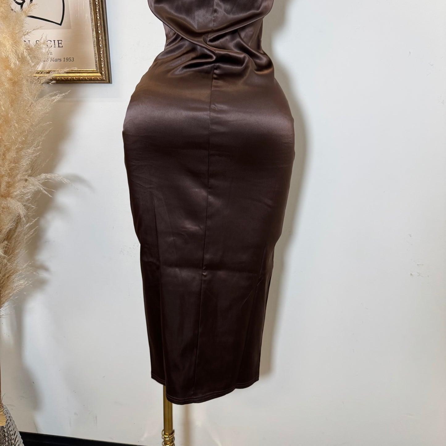 Corset Halter Satin Dress-Chocolate