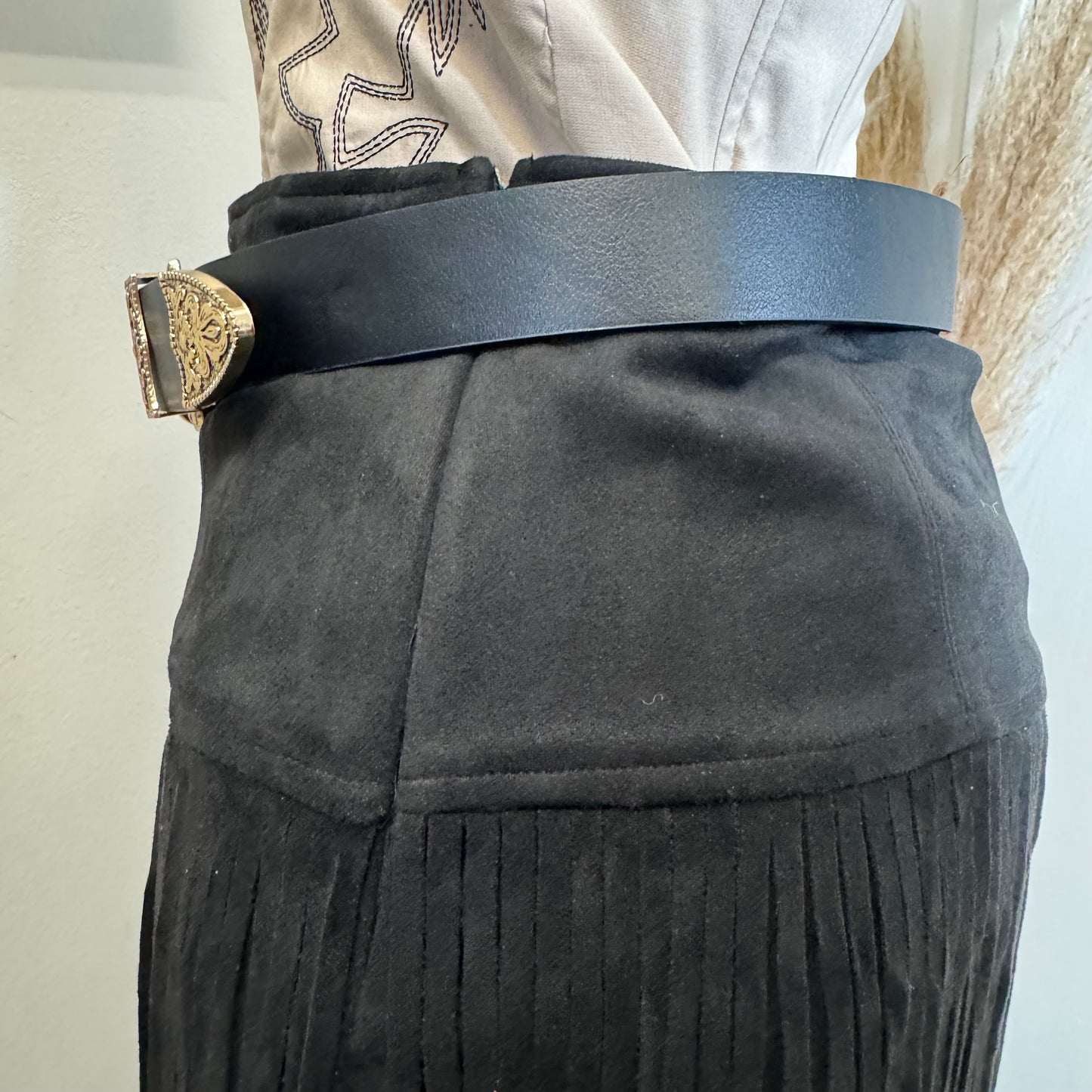 Tiered Fringe Midi Skirt Faux Suede-Black