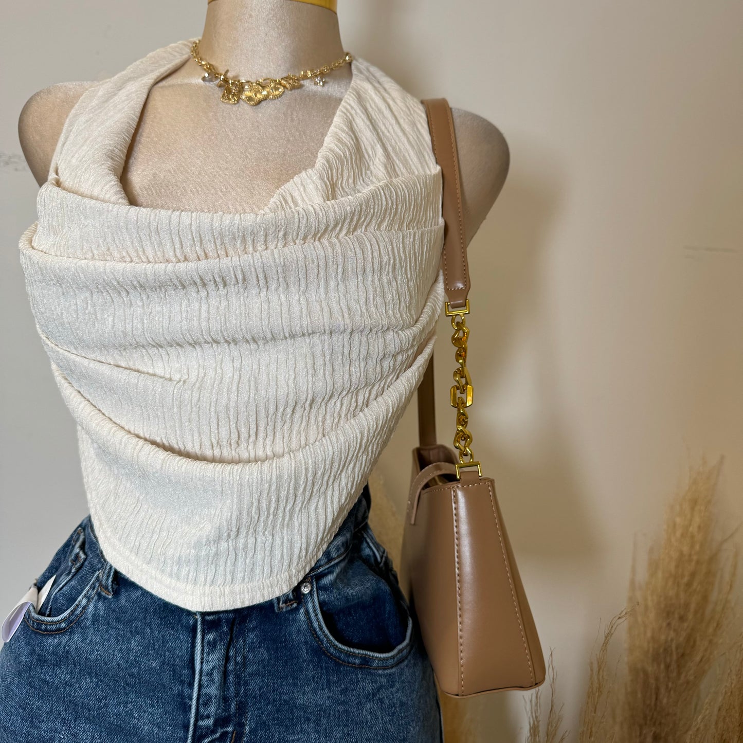 Cowl Crop Top-Cream