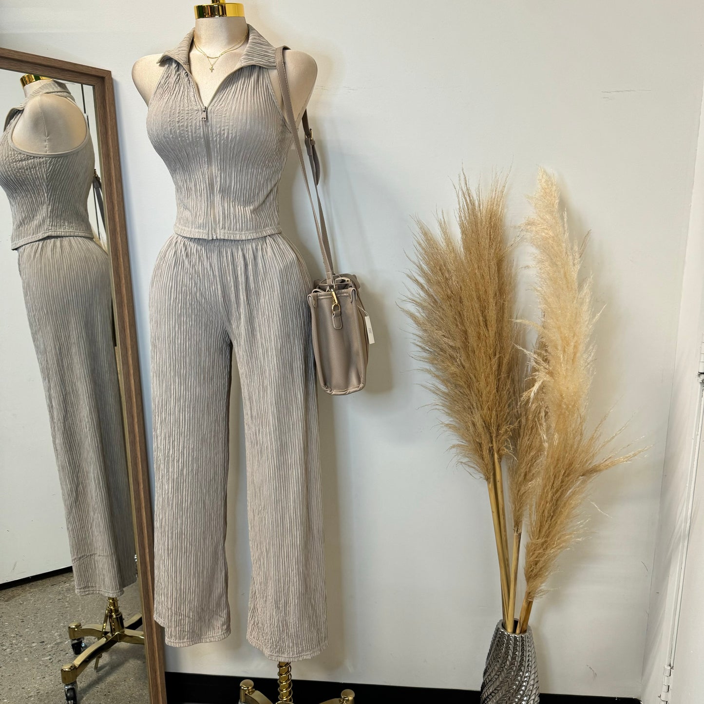 Halter Two Piece Pant Set-Taupe