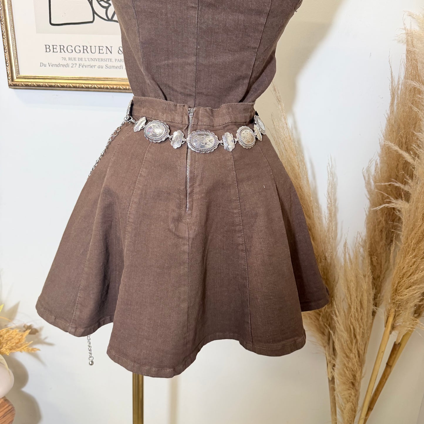 Flare denim Mini Skirt-Brown
